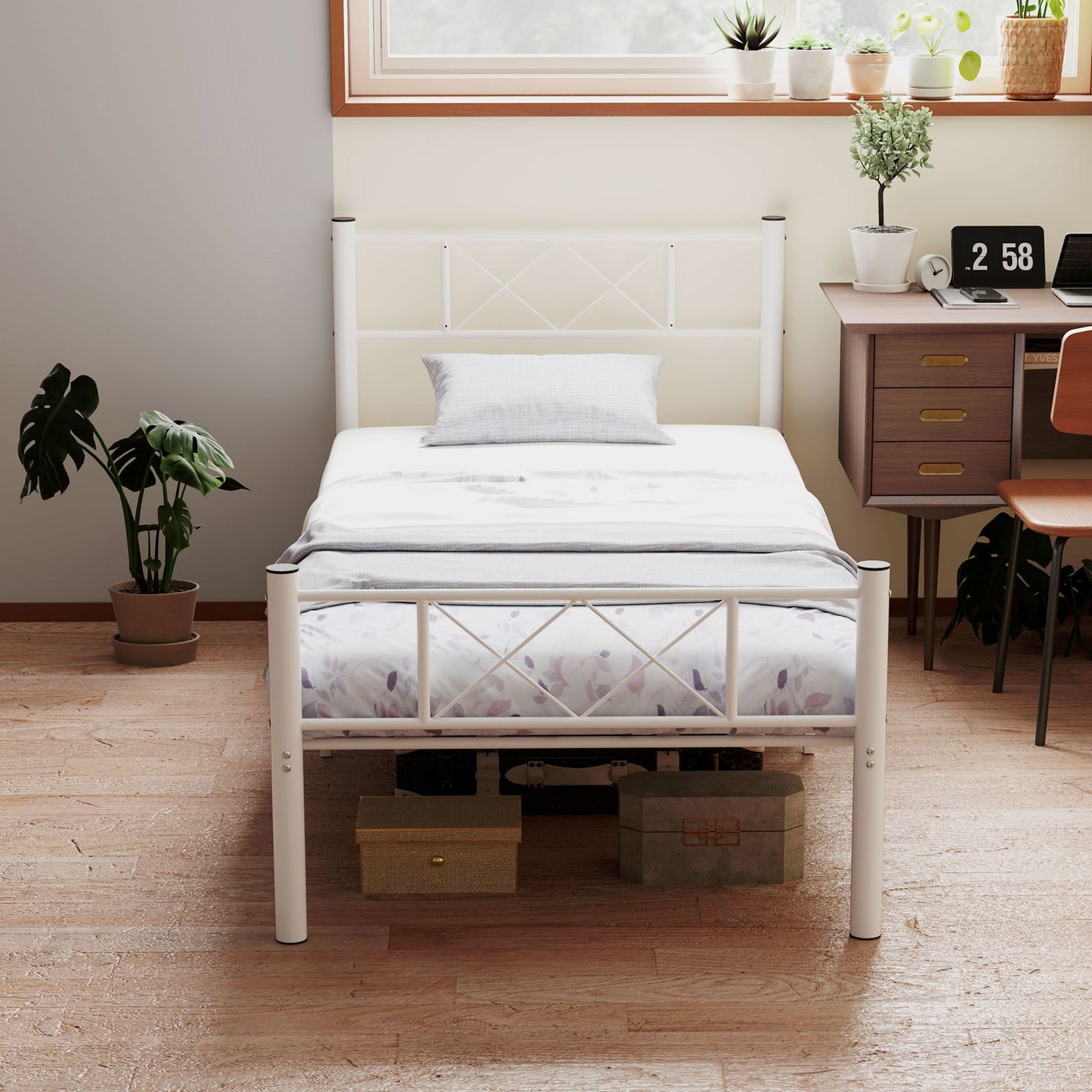 Steel bed frame for 200x90cm Mattress, White, 88cm high