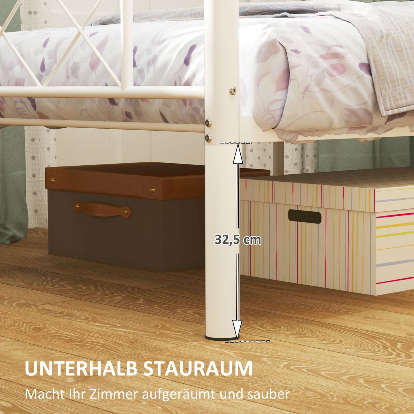 Steel bed frame for 200x90cm Mattress, White, 88cm high