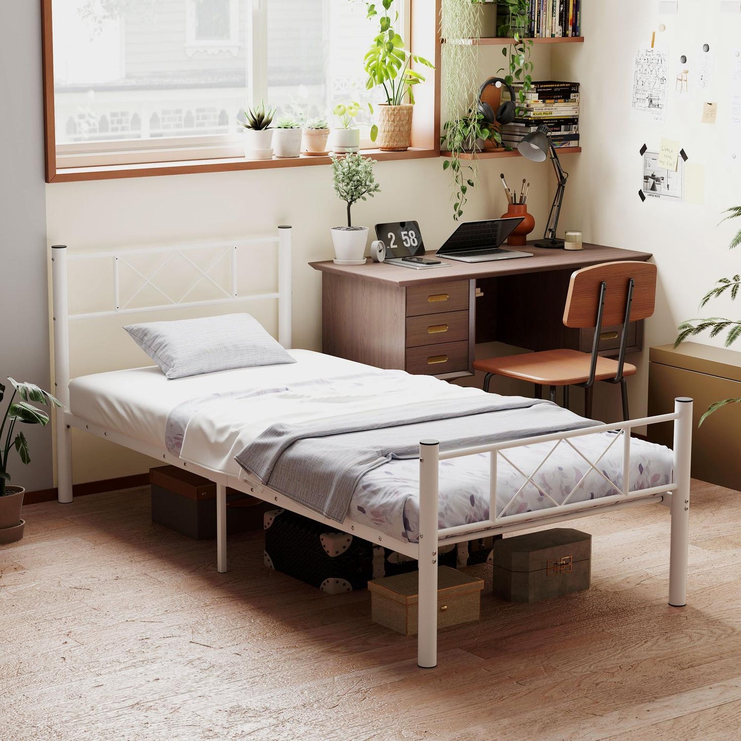 Steel bed frame for 200x90cm Mattress, White, 88cm high
