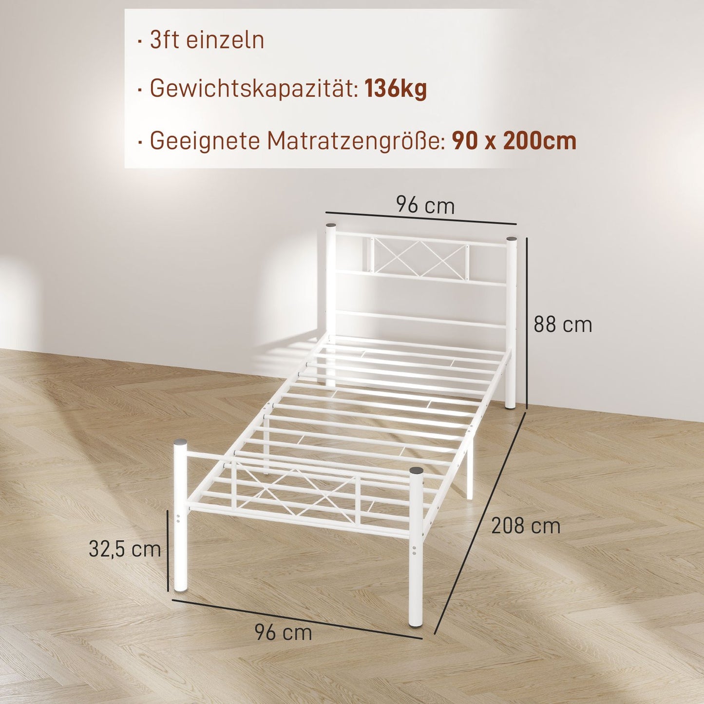 Steel bed frame for 200x90cm Mattress, White, 88cm high