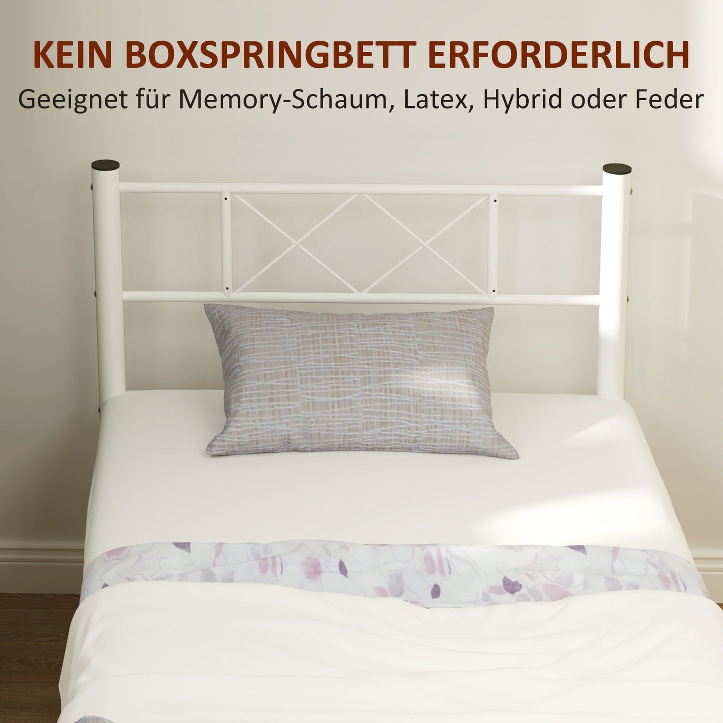 Steel bed frame for 200x90cm Mattress, White, 88cm high