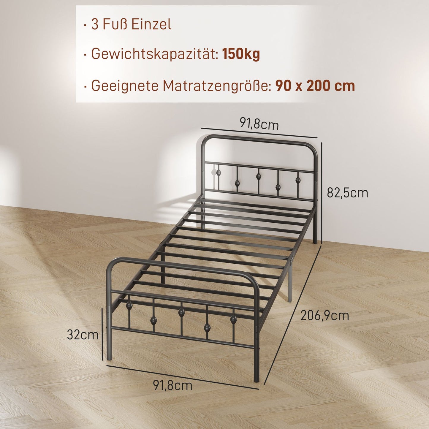 Metal folding bed frame, 200x90 cm, black, 82.5 cm high
