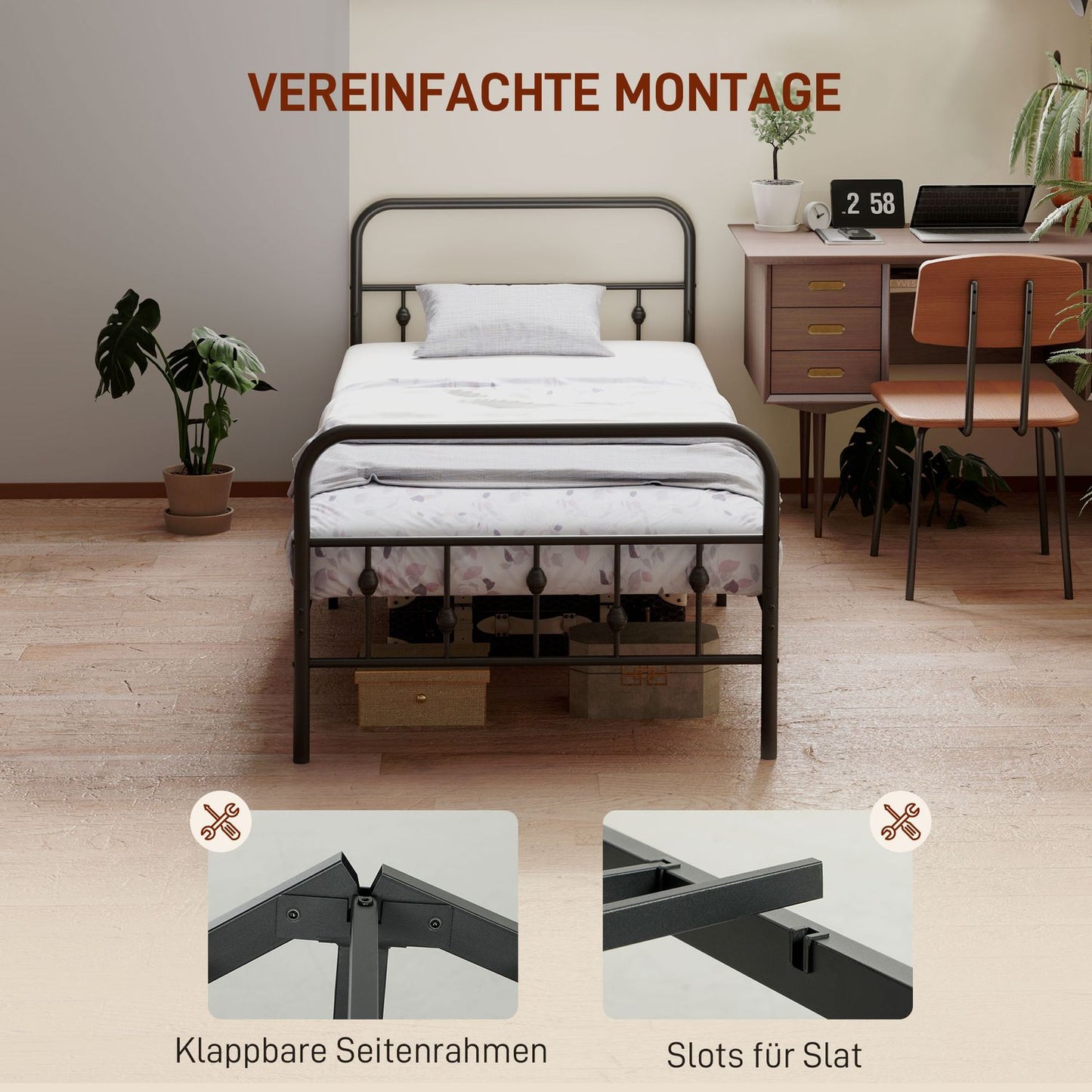 Metal folding bed frame, 200x90 cm, black, 82.5 cm high
