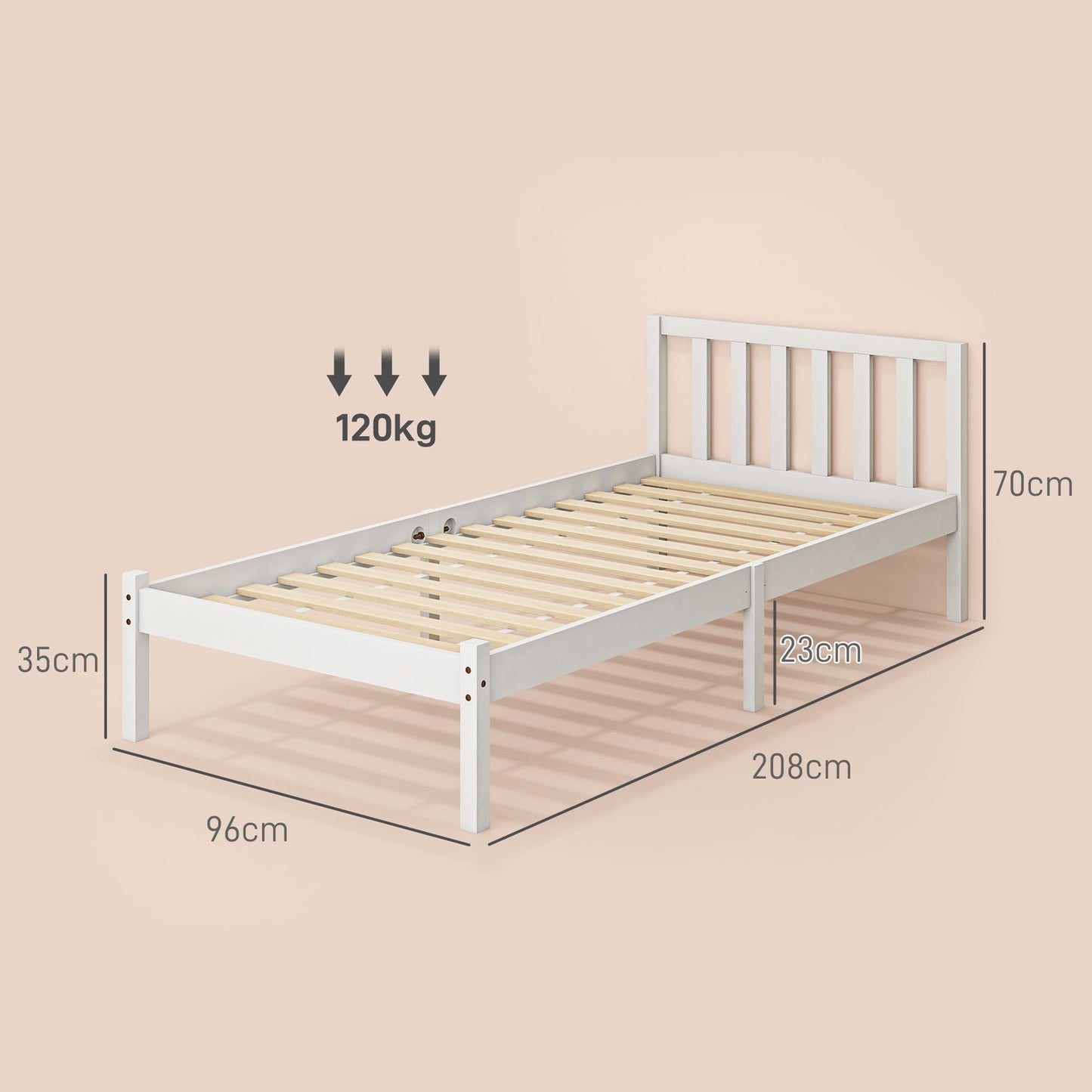 Single bed frame in wood with slats, White, 208x96 cm