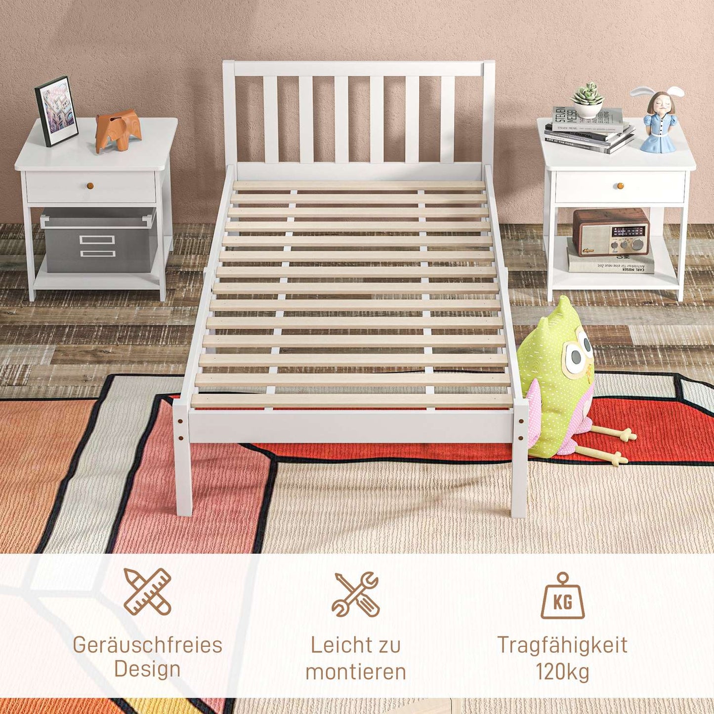 Single bed frame in wood with slats, White, 208x96 cm