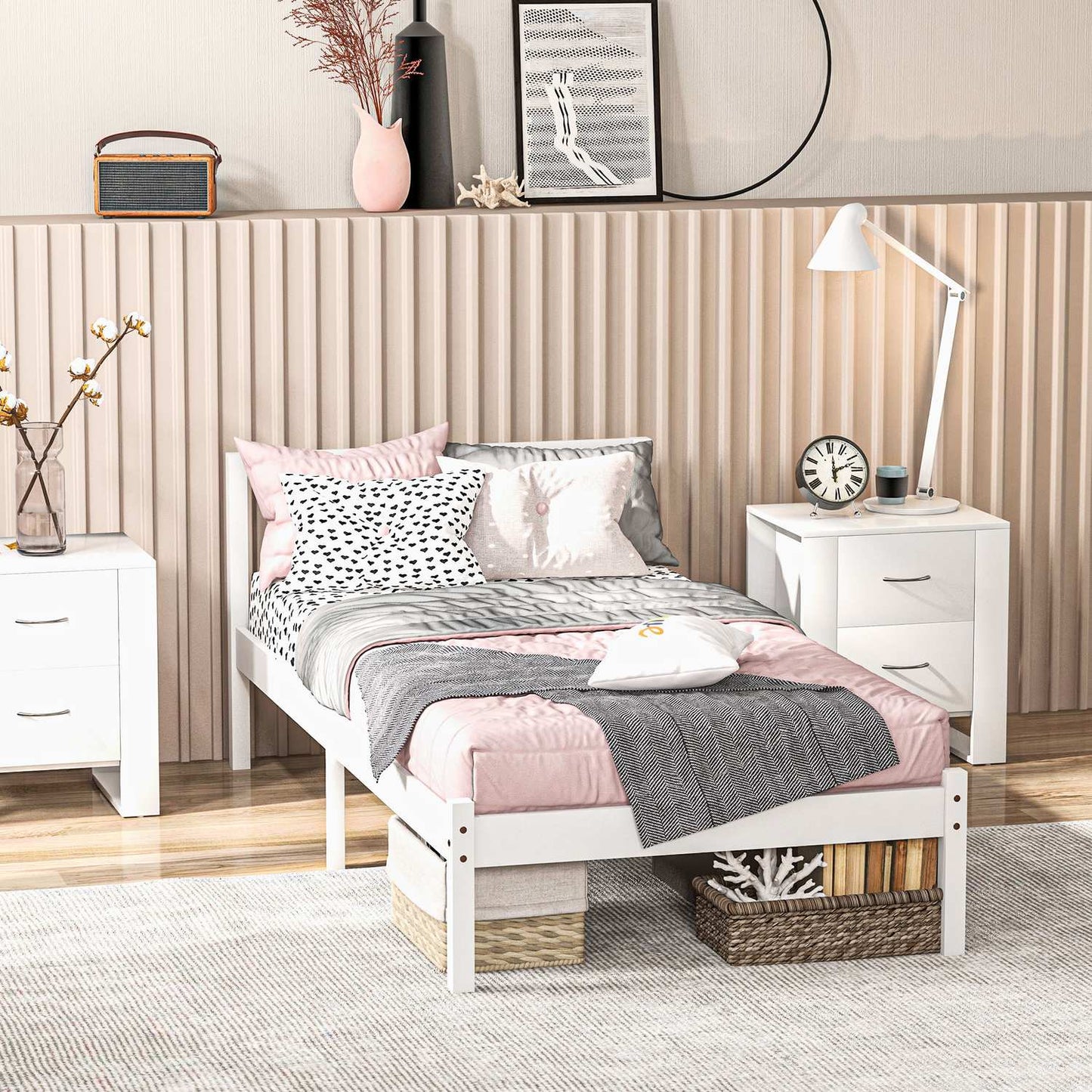 Single bed frame in wood with slats, White, 208x96 cm