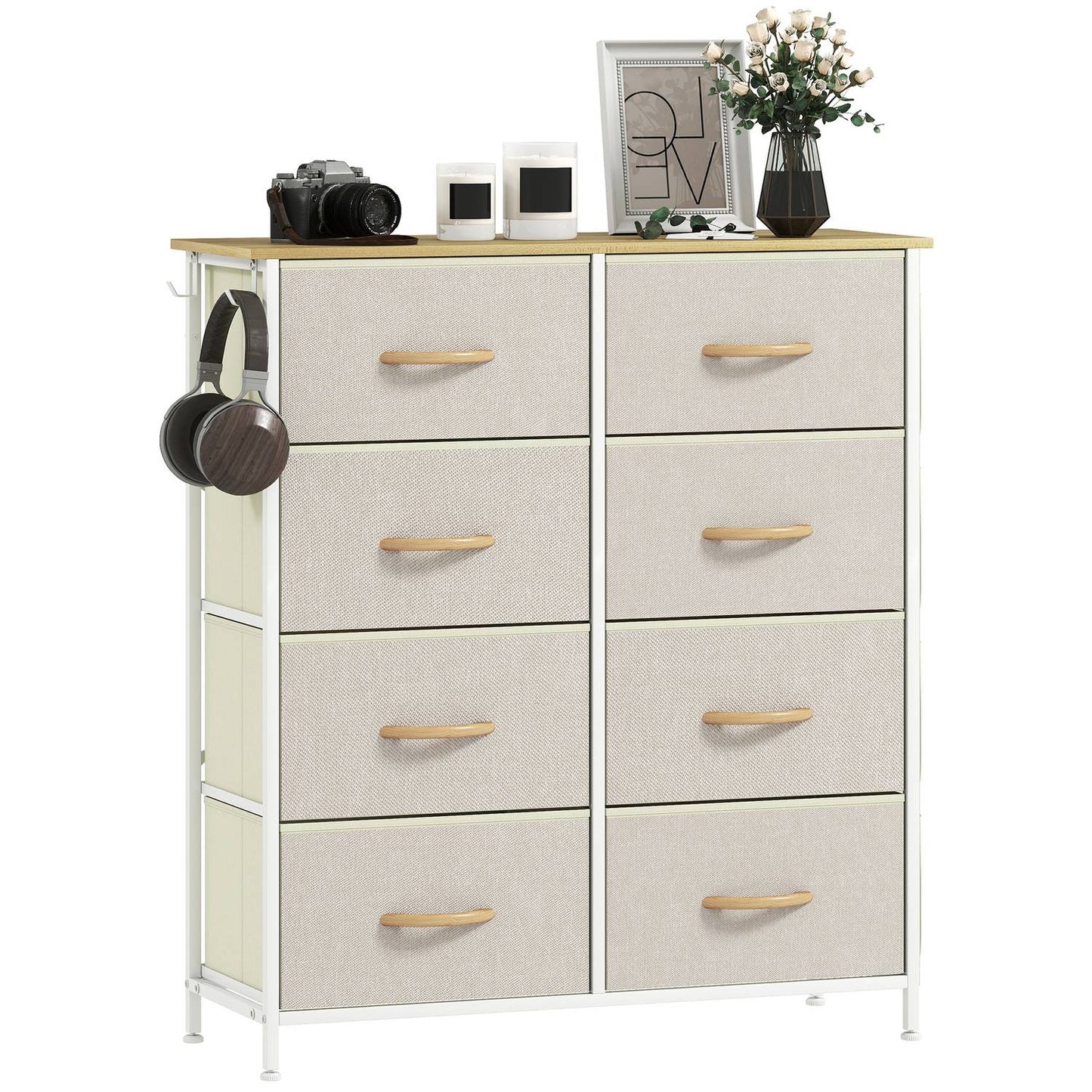 Bedroom Dresser with 8 Fabric Drawers, Steel Frame, Beige