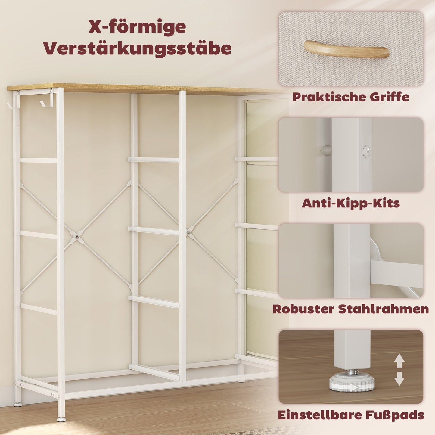 Bedroom Dresser with 8 Fabric Drawers, Steel Frame, Beige