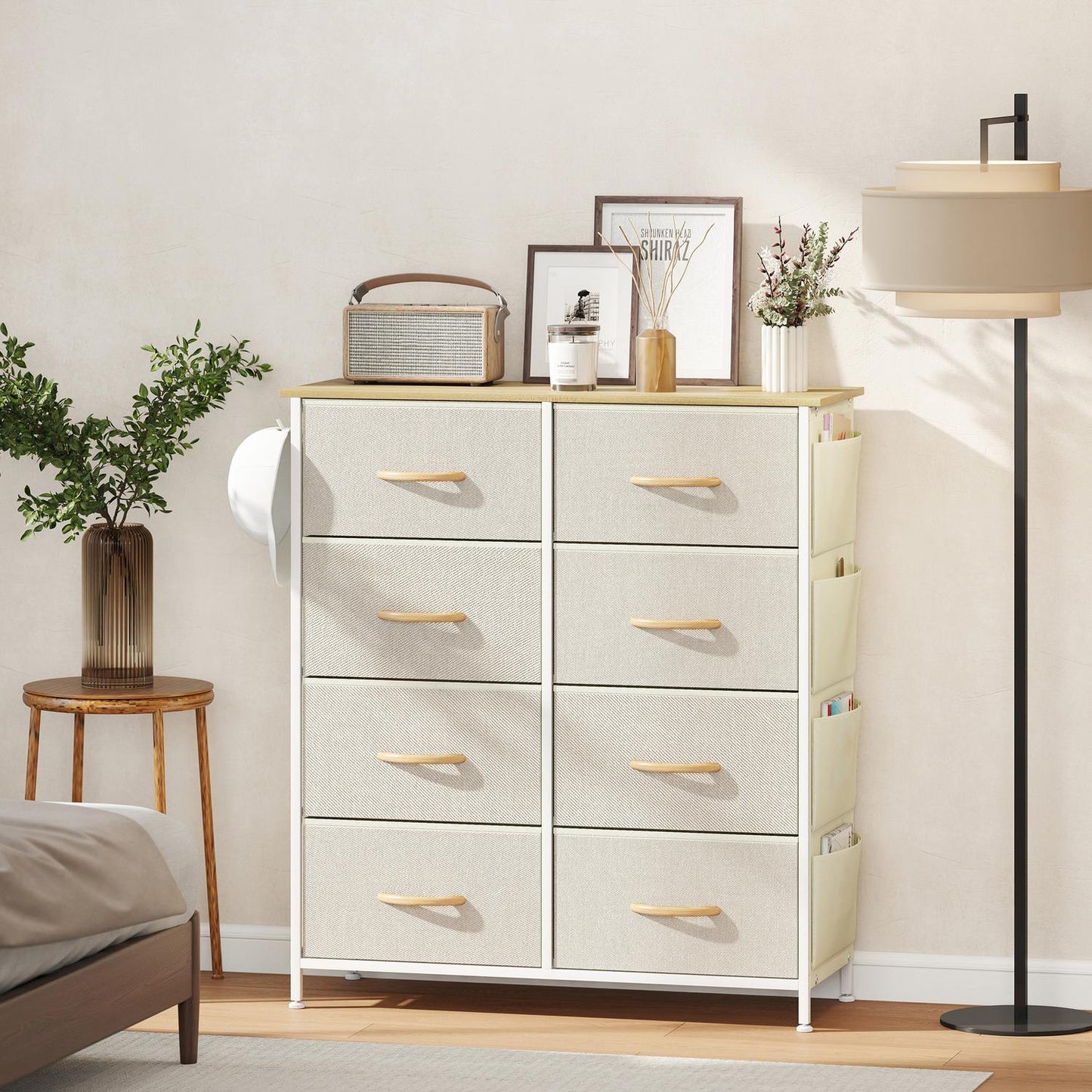 Bedroom Dresser with 8 Fabric Drawers, Steel Frame, Beige