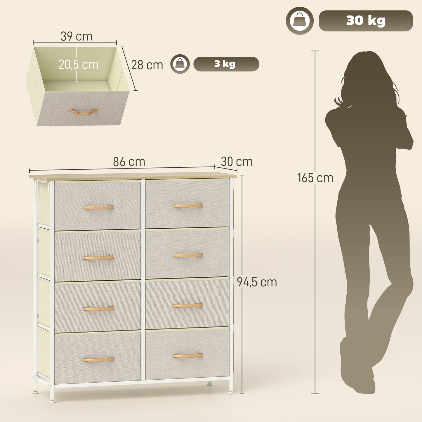 Bedroom Dresser with 8 Fabric Drawers, Steel Frame, Beige