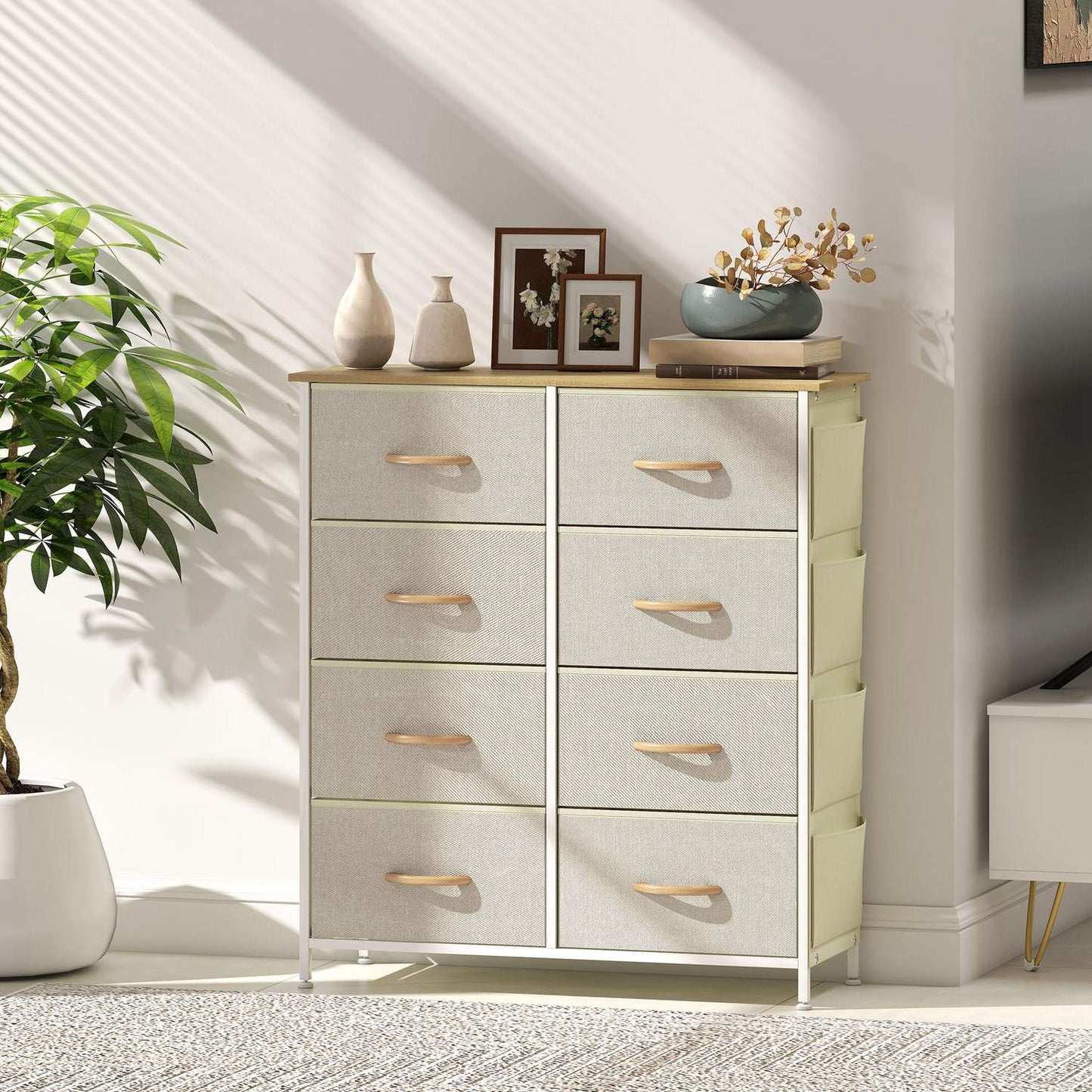 Bedroom Dresser with 8 Fabric Drawers, Steel Frame, Beige