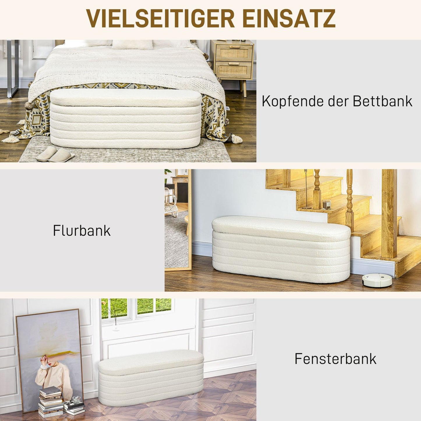 Bedroom storage bench - cream, fleece, sturdy wooden legs