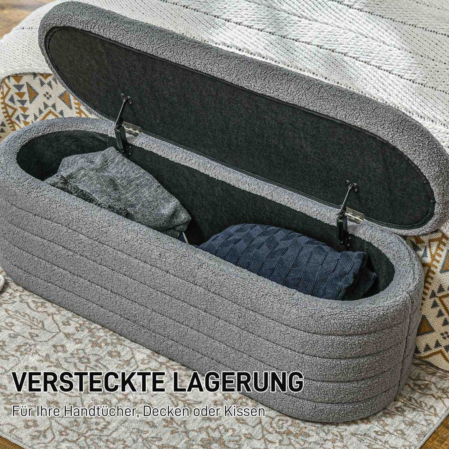 Bedroom bench with storage, wooden legs, teddy fleece, light grey