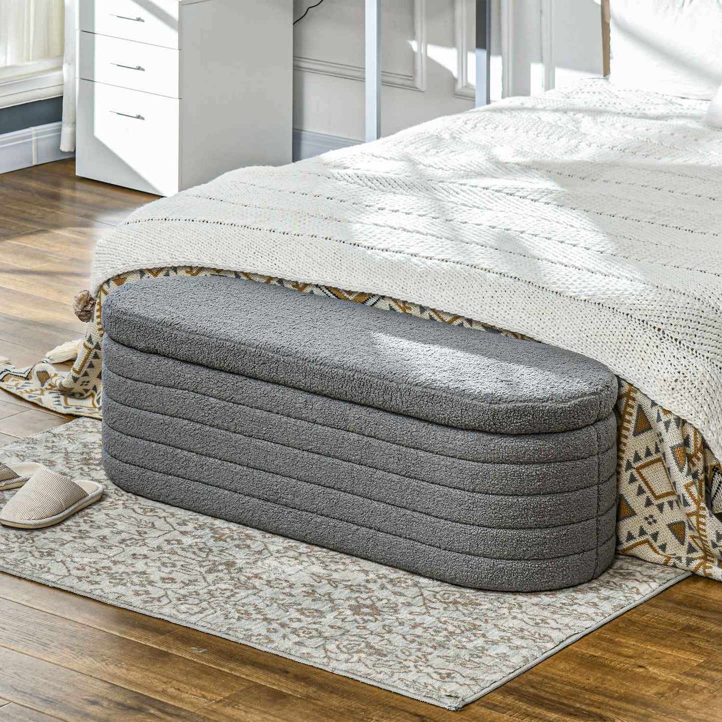 Bedroom bench with storage, wooden legs, teddy fleece, light grey