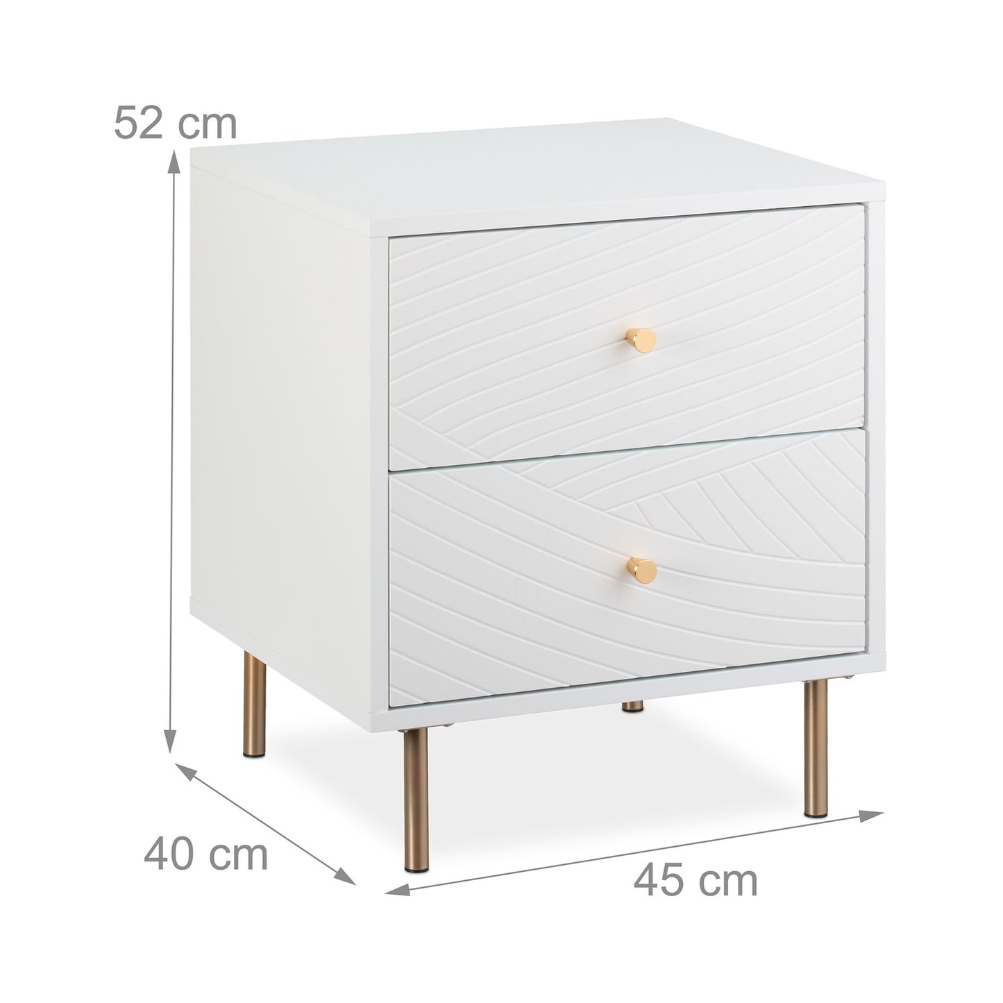 Bedside Cabinet with 2 Drawers, White, Gold Accents