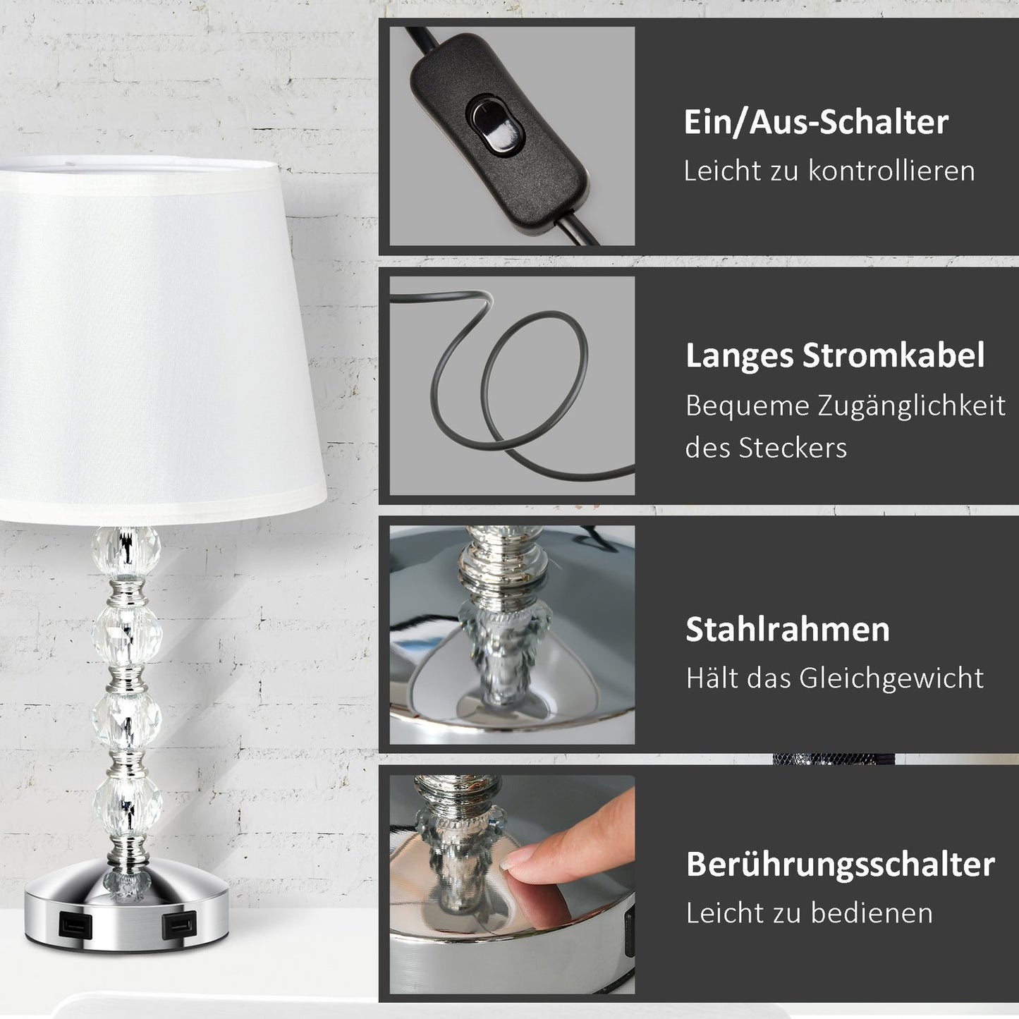 Crystal Table Lamp With USB, Touch Sensor, E27, White/Silver