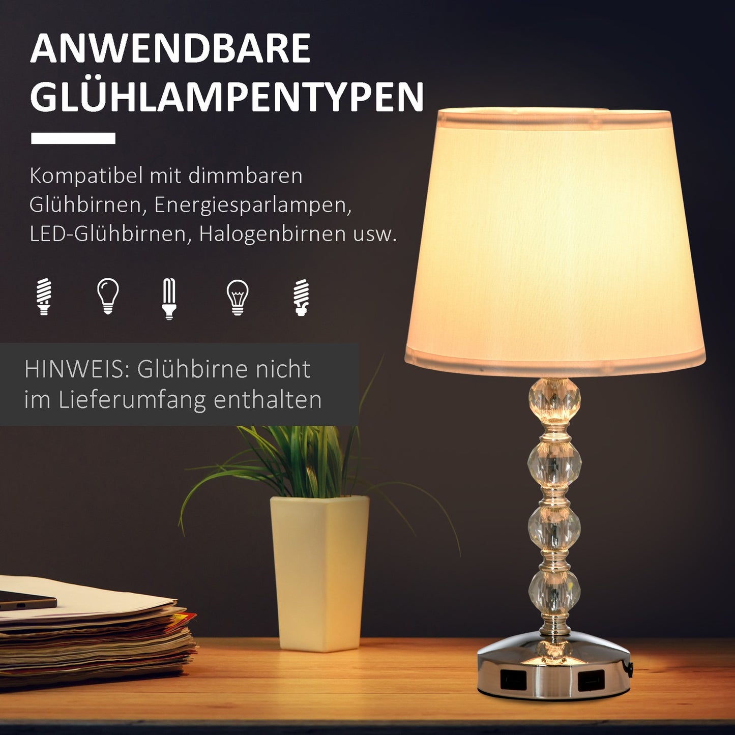 Crystal Table Lamp With USB, Touch Sensor, E27, White/Silver