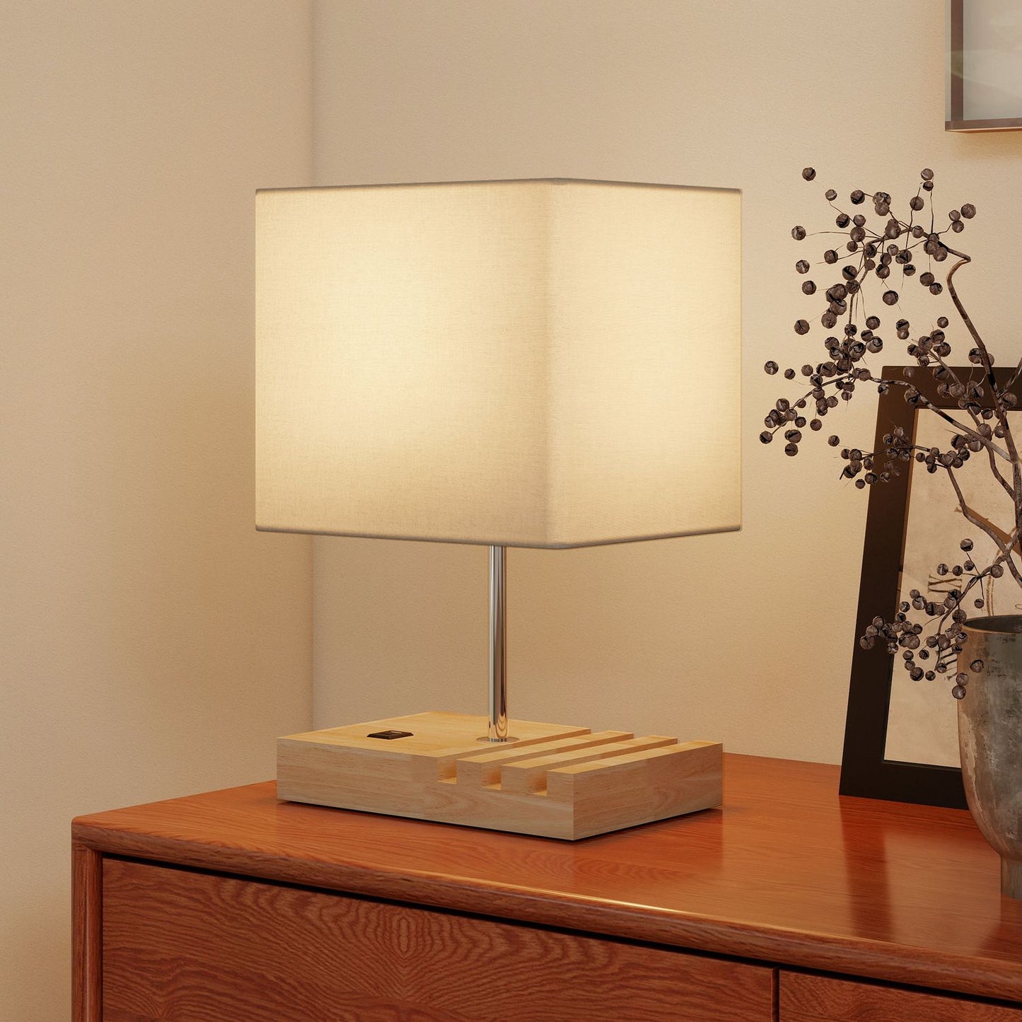 Bedside Lamp with USB Ports, Wood and Fabric, White