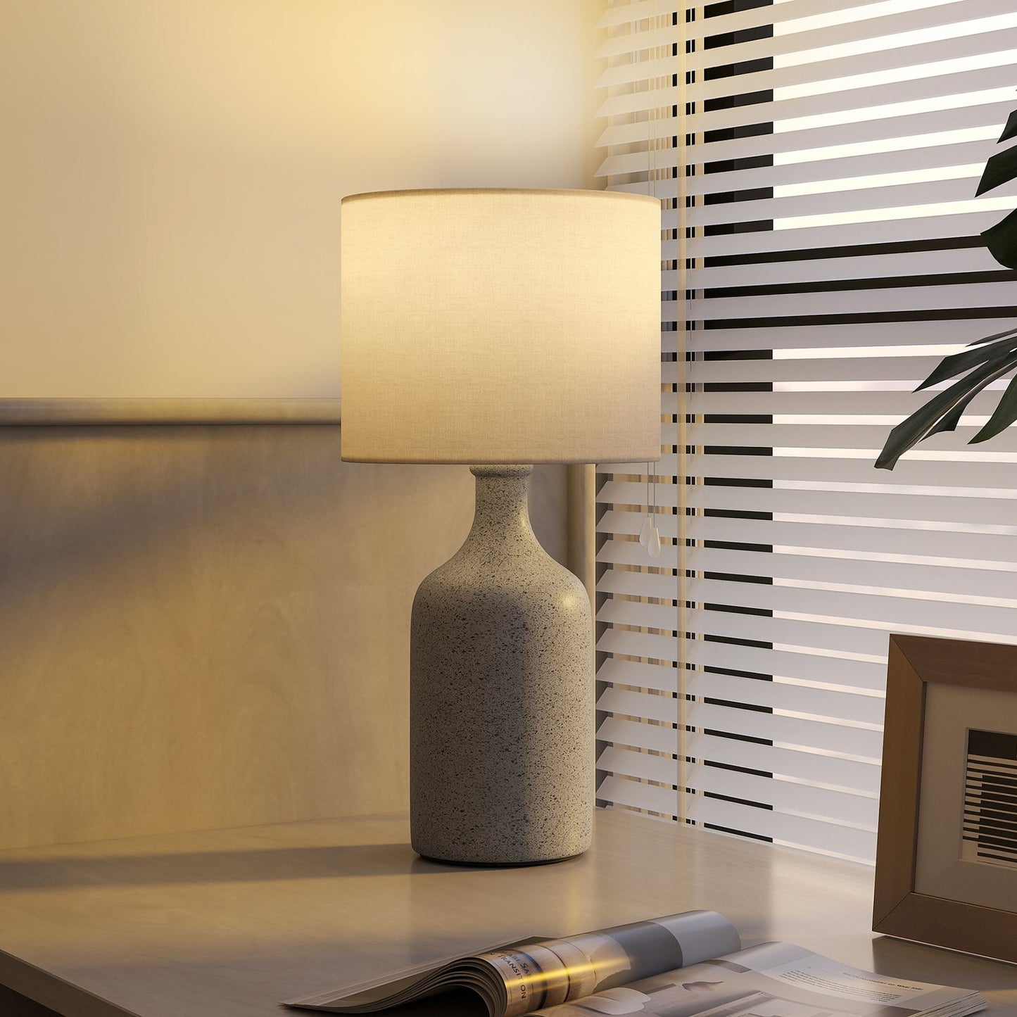 Bedside Table Lamp, Ceramic Base, Linen Shade, 22x45 cm
