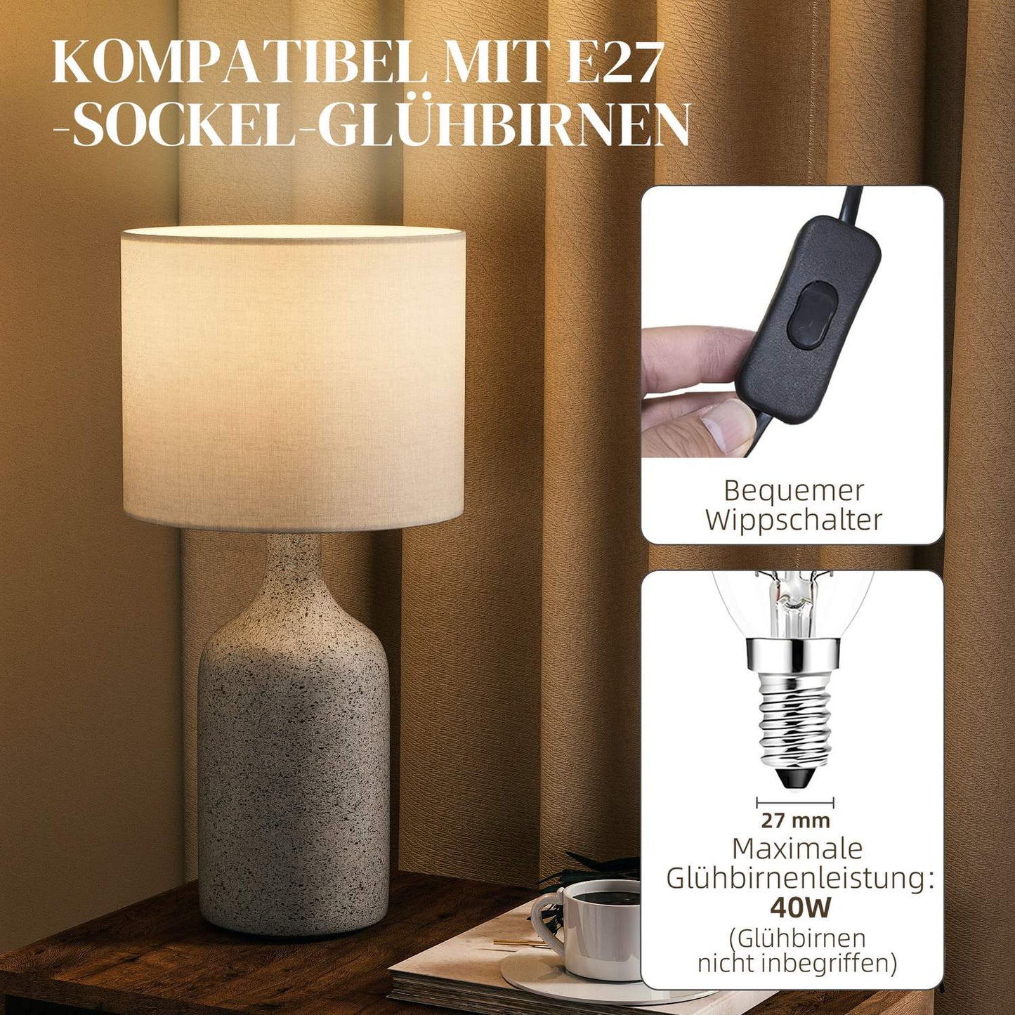 Bedside Table Lamp, Ceramic Base, Linen Shade, 22x45 cm