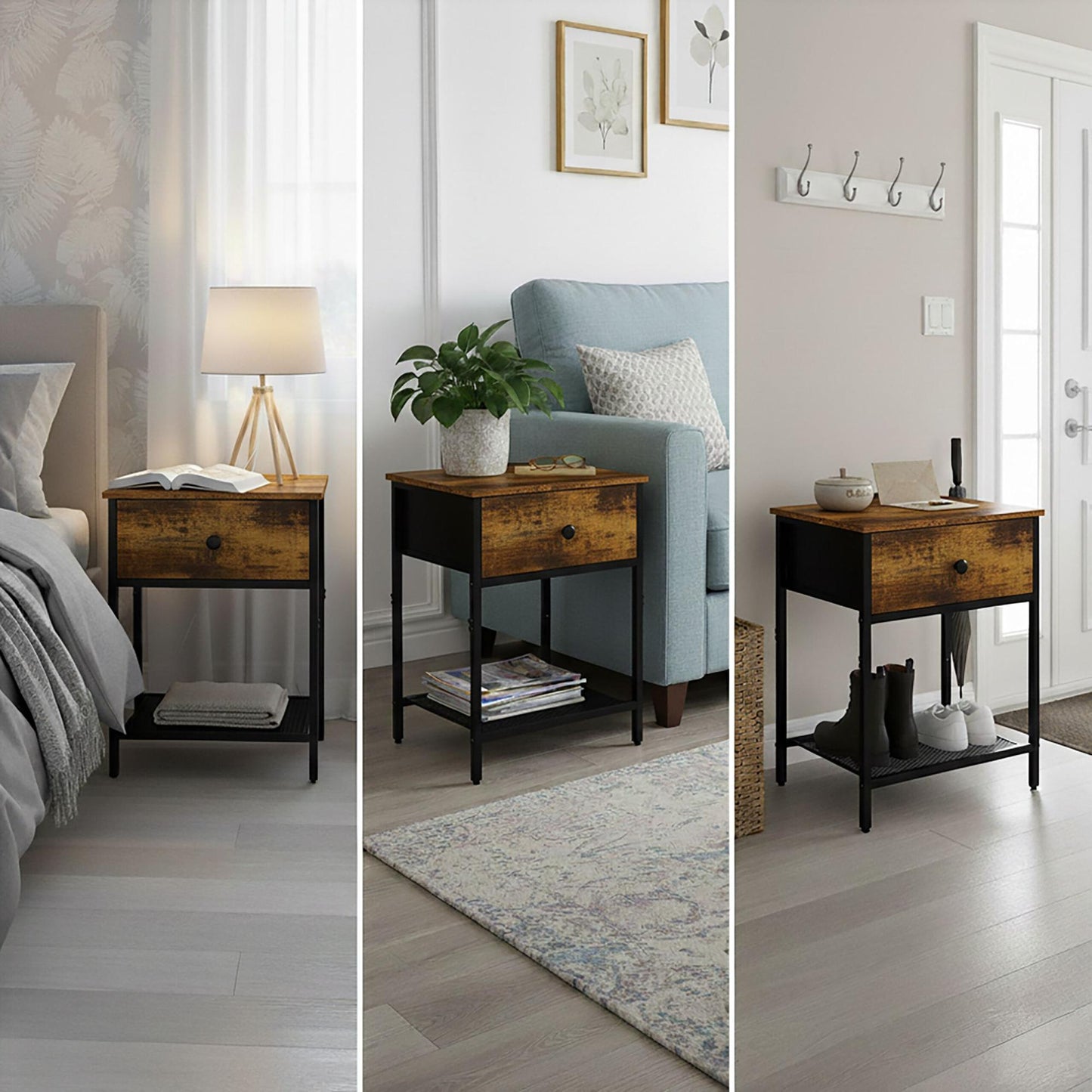 Bedside Table Set, 2-Piece, Drawer & Shelf