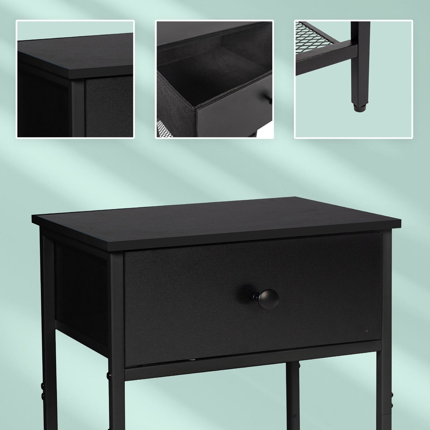 Bedside Table Set, 2-Piece with Drawer & Shelf