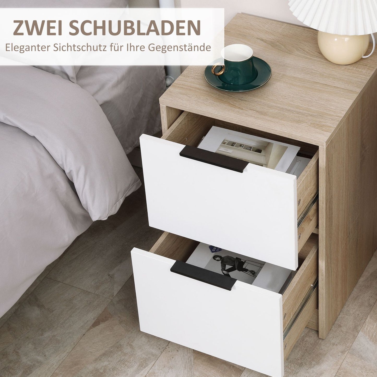 Bedside table in white & natural wood - 2 drawers, 40x40x60 Cm