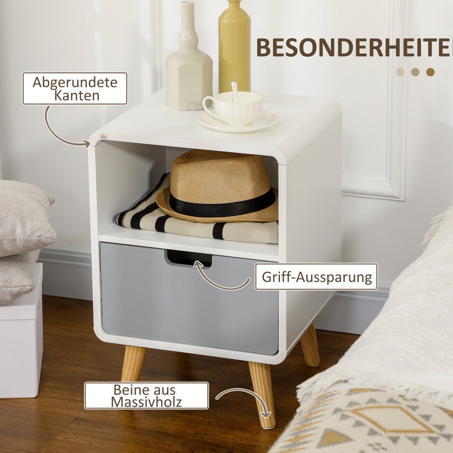 White bedside table with drawer & open shelf, 40x38x58 cm