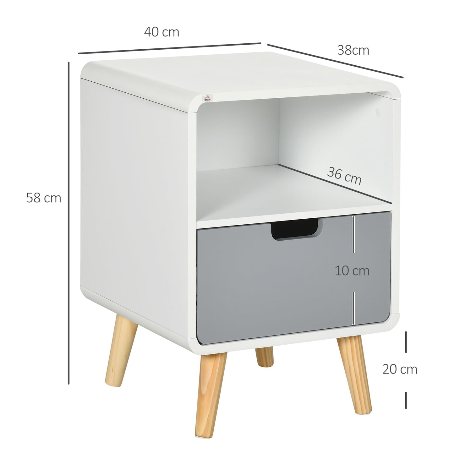 White bedside table with drawer & open shelf, 40x38x58 cm