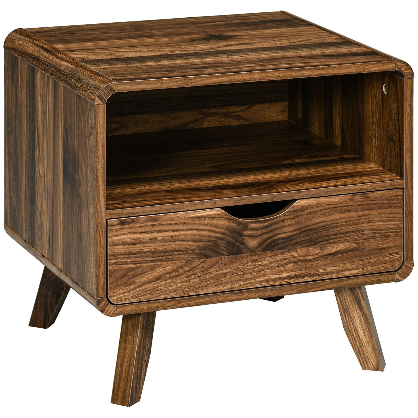 Retro nut brown bedside table, drawer and open shelf
