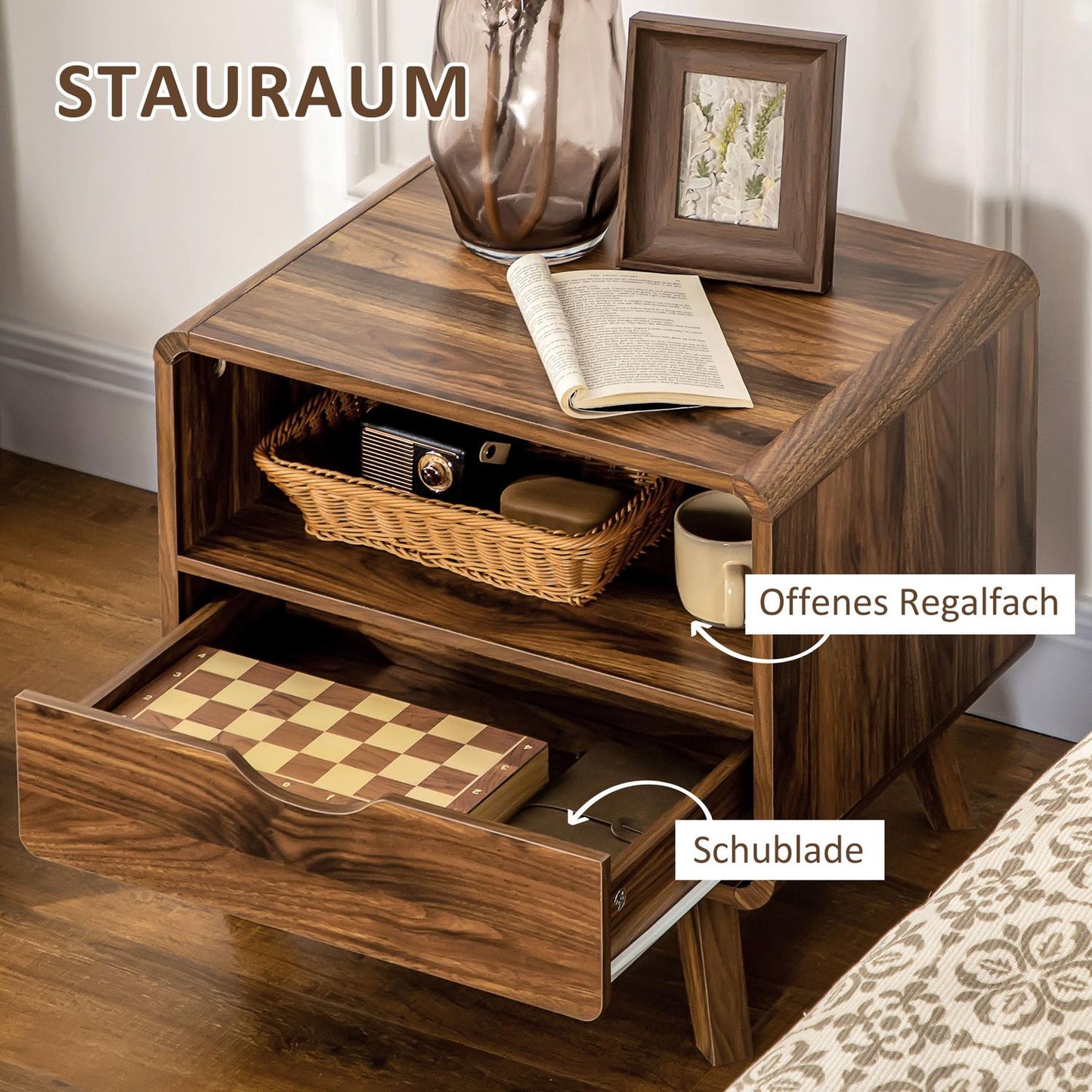 Retro nut brown bedside table, drawer and open shelf