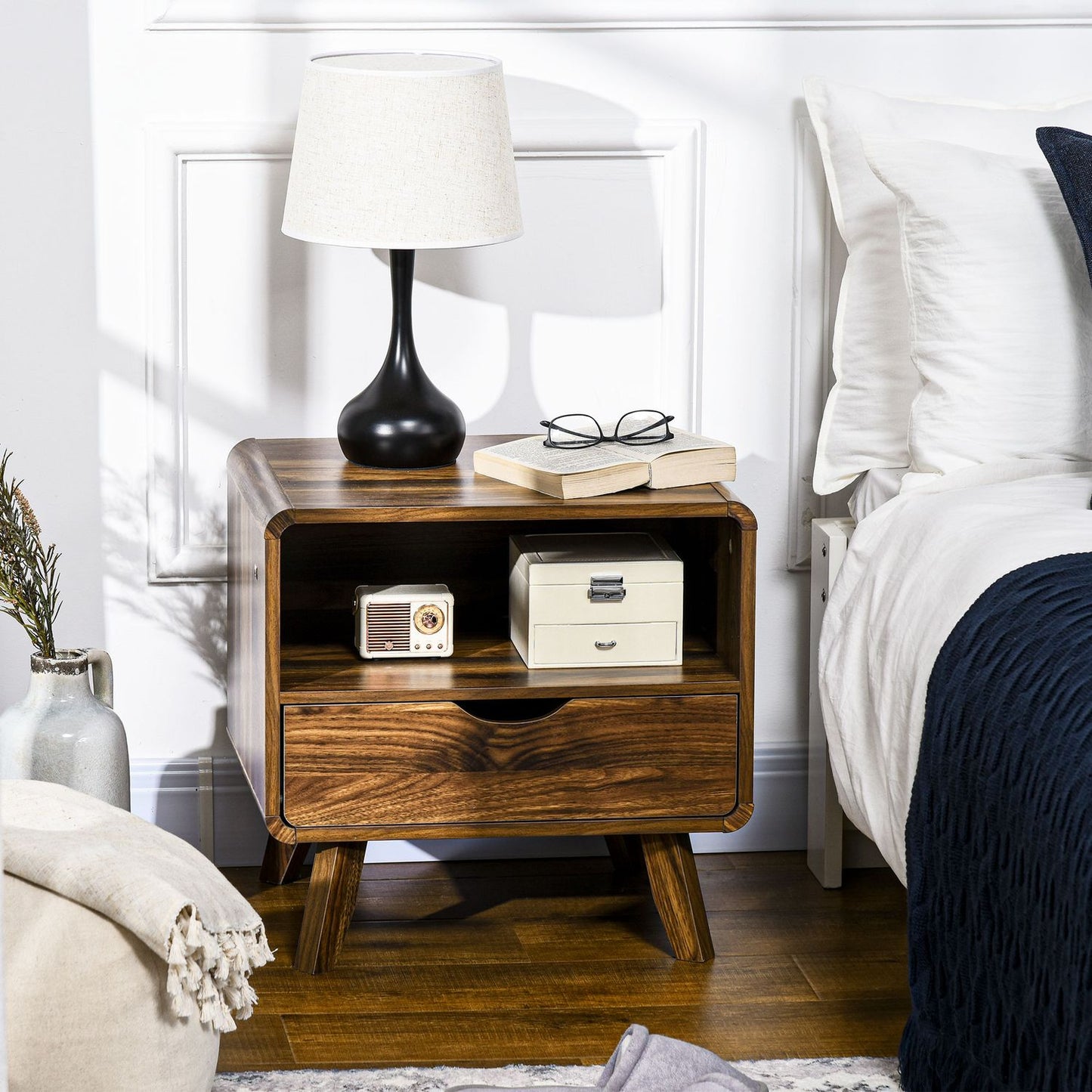 Retro nut brown bedside table, drawer and open shelf
