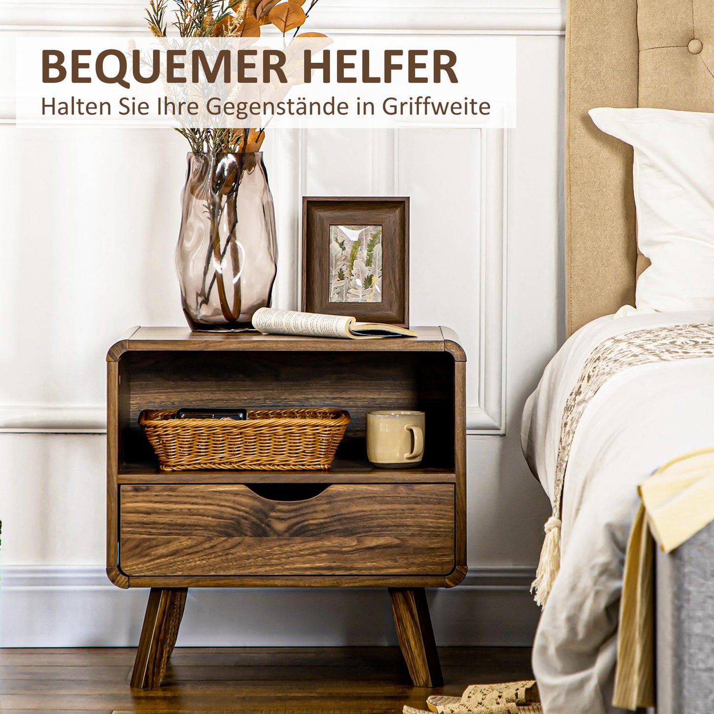 Retro nut brown bedside table, drawer and open shelf