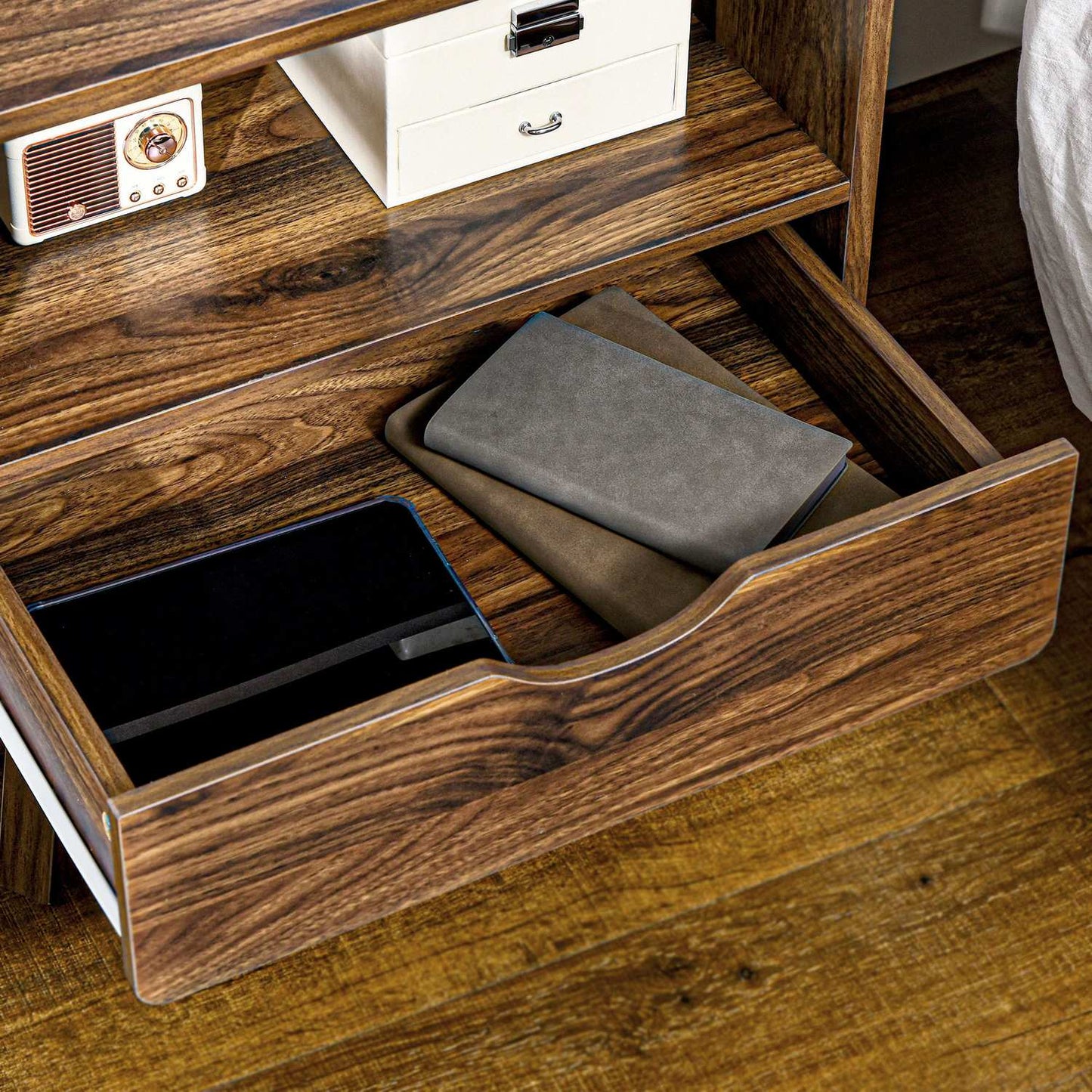 Retro nut brown bedside table, drawer and open shelf