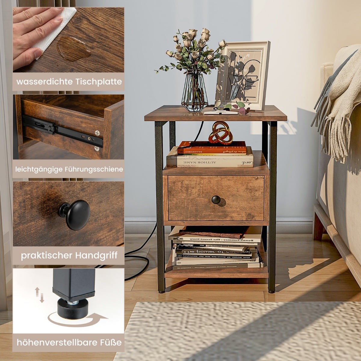 Bedside Table with Charging Station, Drawer, and Shelves