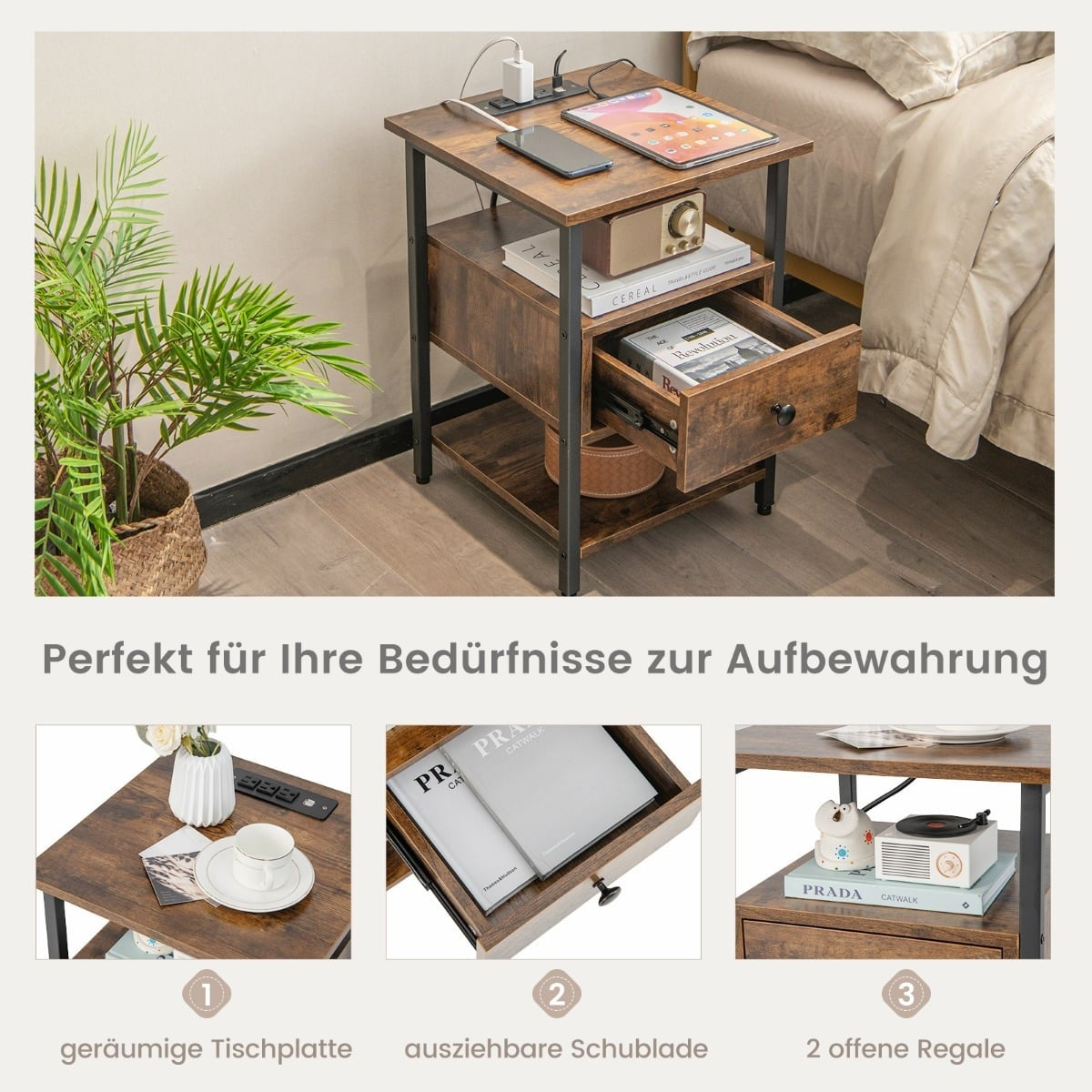 Bedside Table with Charging Station, Drawer, and Shelves