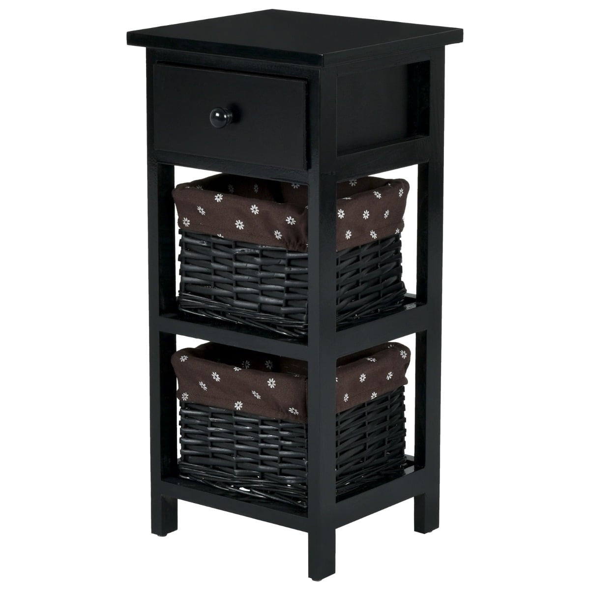 Bedside Table with Drawer, Rattan Baskets, 28x26x60 cm