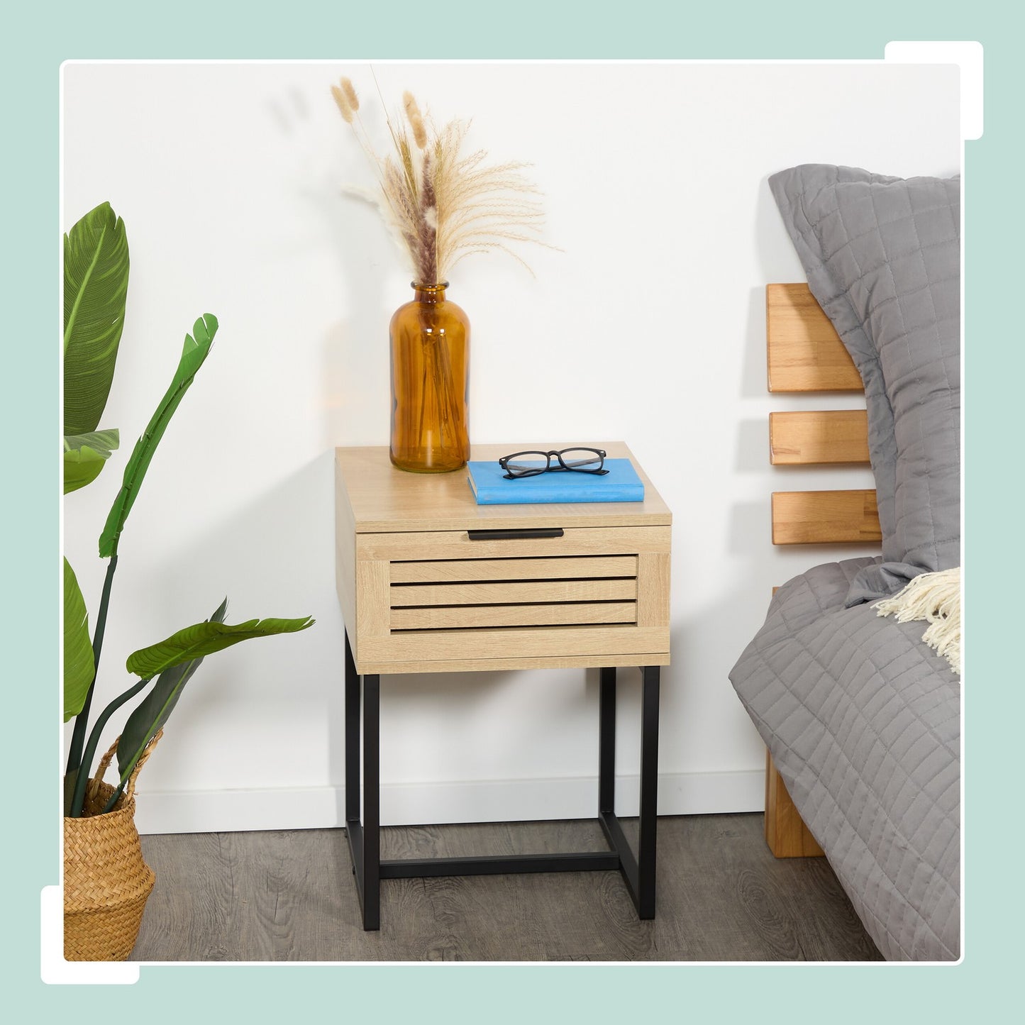 Bedside Table with Drawer and Metal Frame