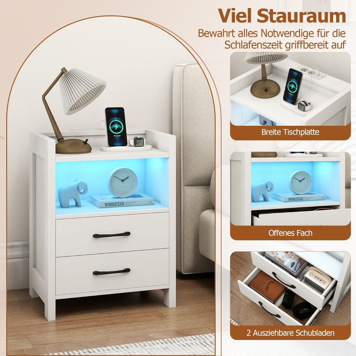 Bedside Table with LED Lights & Charging Station, 2 Drawers
