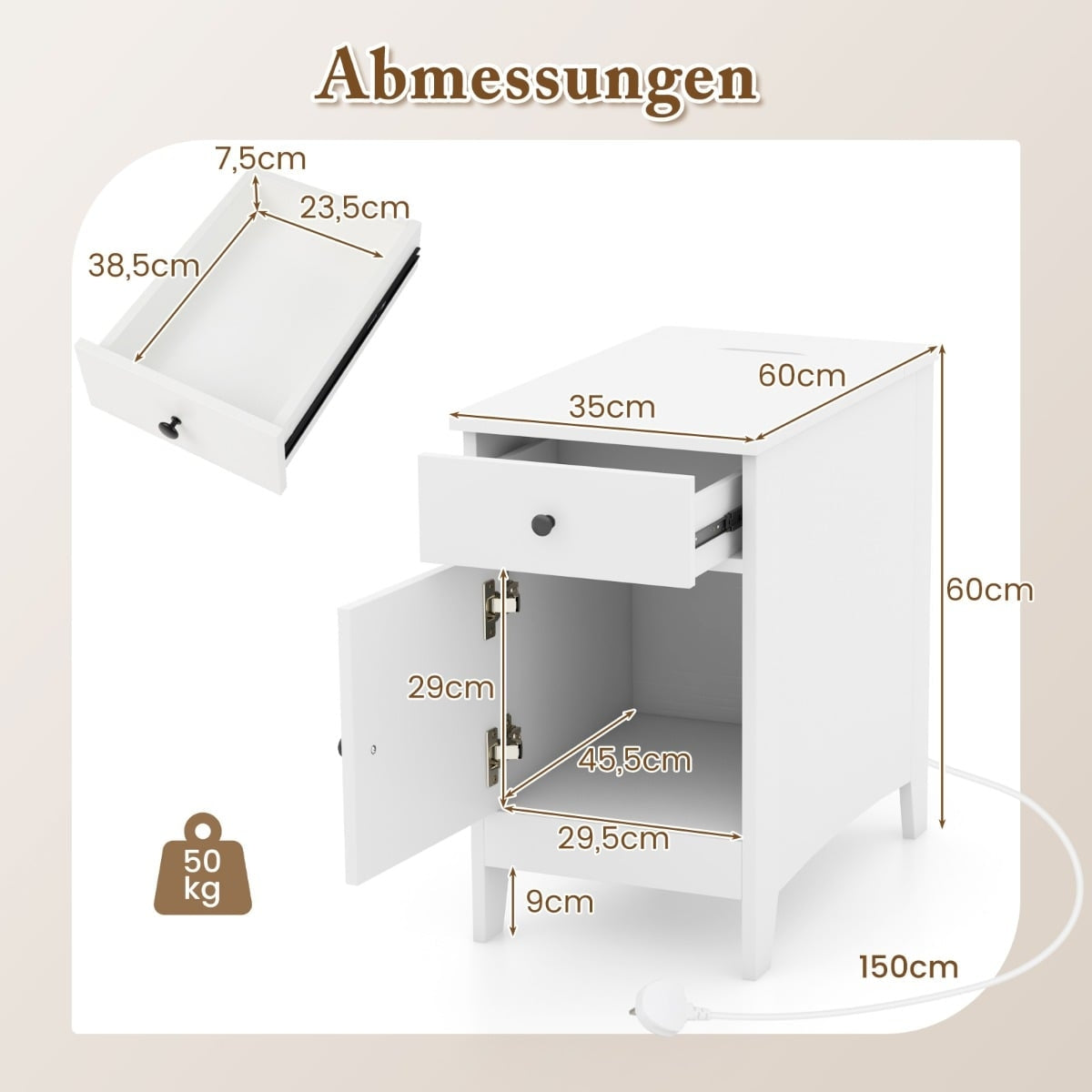 Bedside Table with USB Ports, Outlets, Magazine Rack