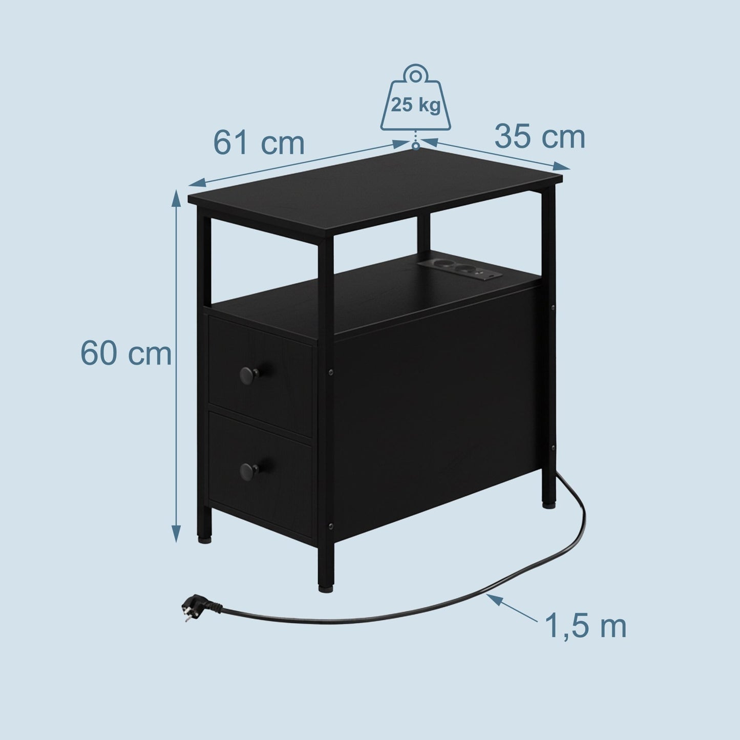 Bedside Table with USB Ports and Power Outlets