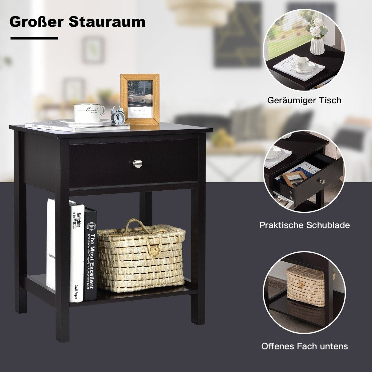 Bedside table 2-tier night dresser modern nightstand with drawer black