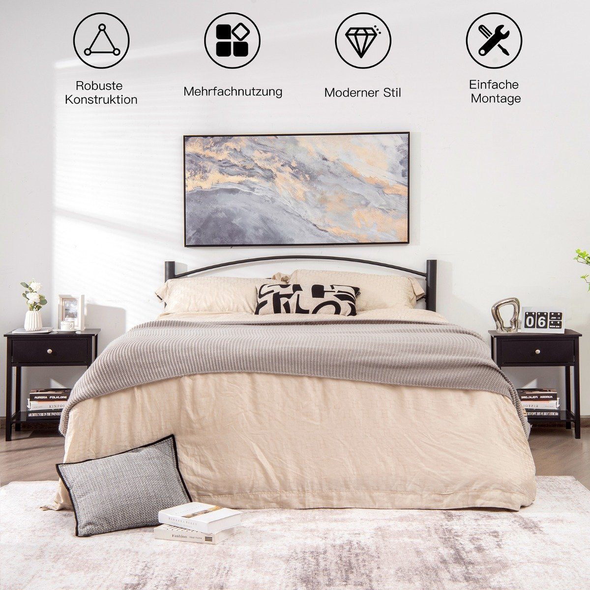 Bedside table 2-tier night dresser modern nightstand with drawer black