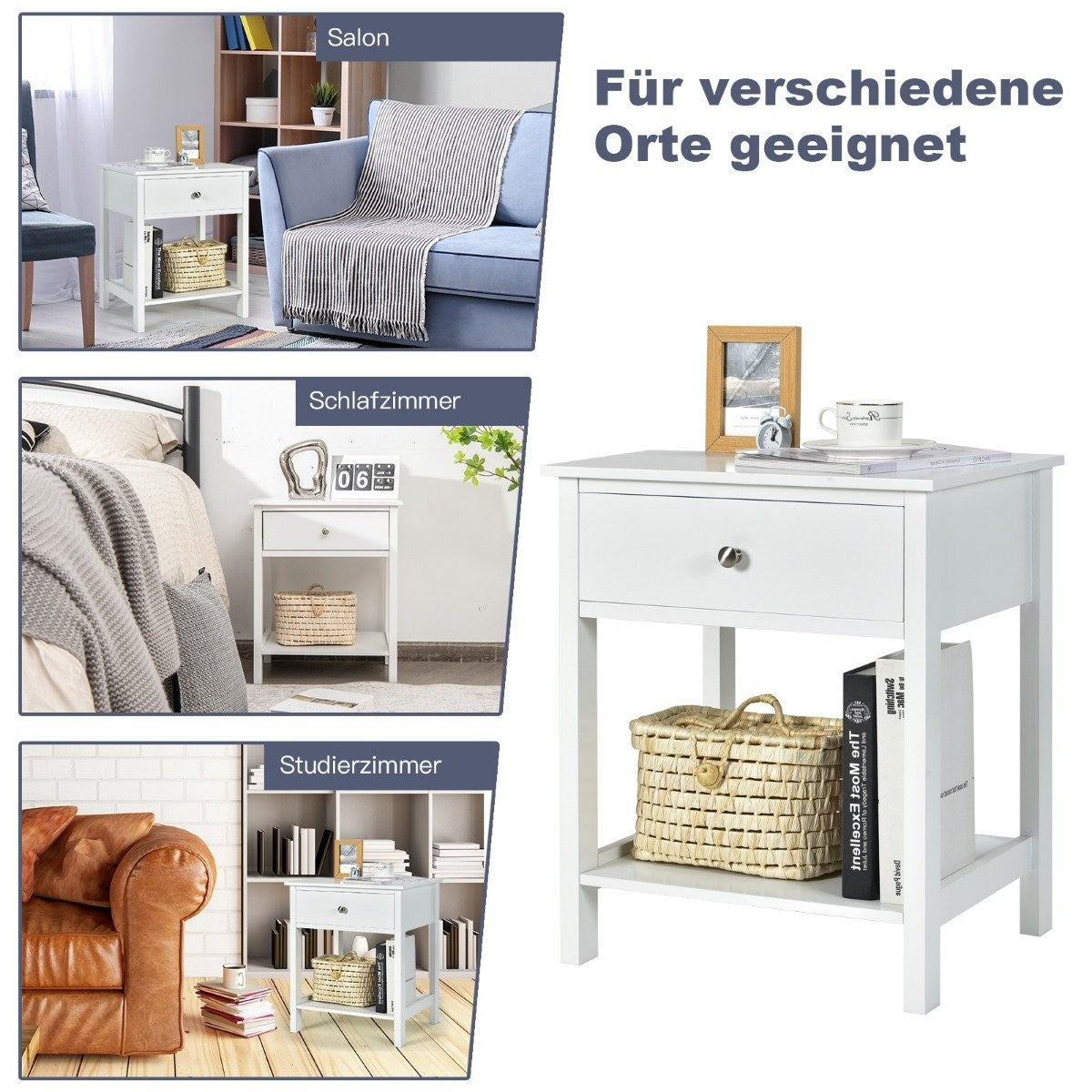 Bedside table 2-tier night dresser modern nightstand with drawer white
