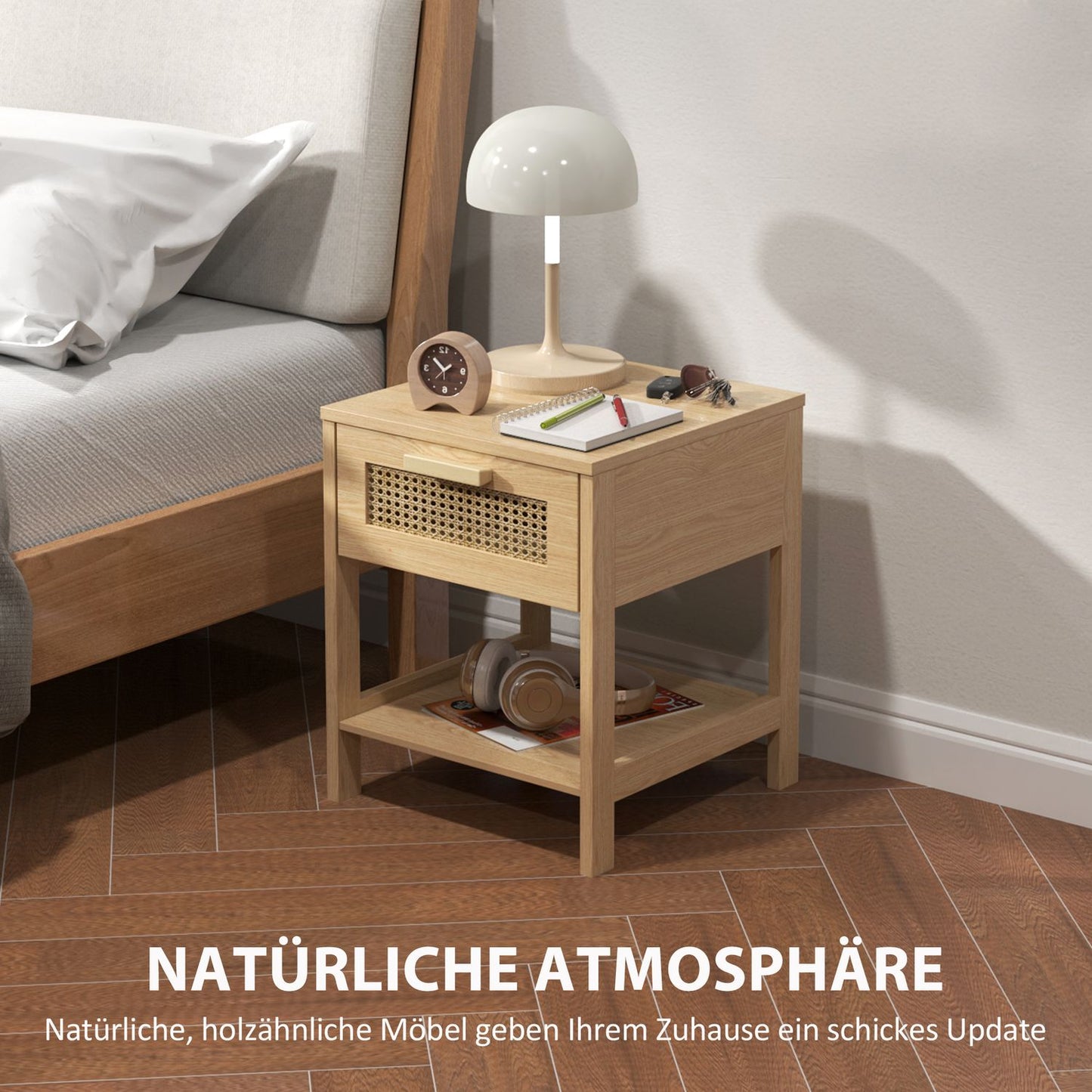 Rattan bedside table with drawer and shelf, 40 x 40 x 48.4 cm