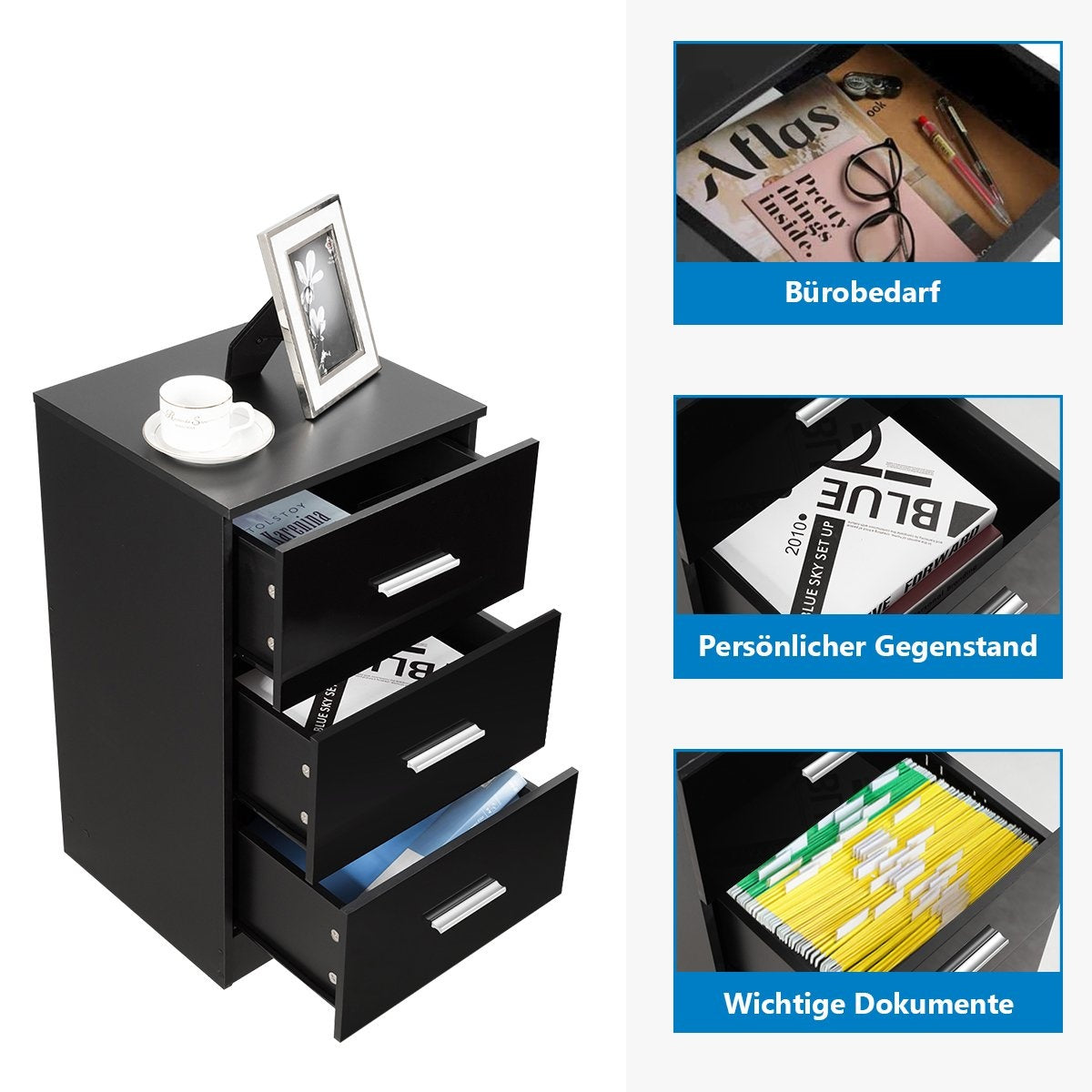 Bedside table filing cabinet with 3 drawers drawer container black