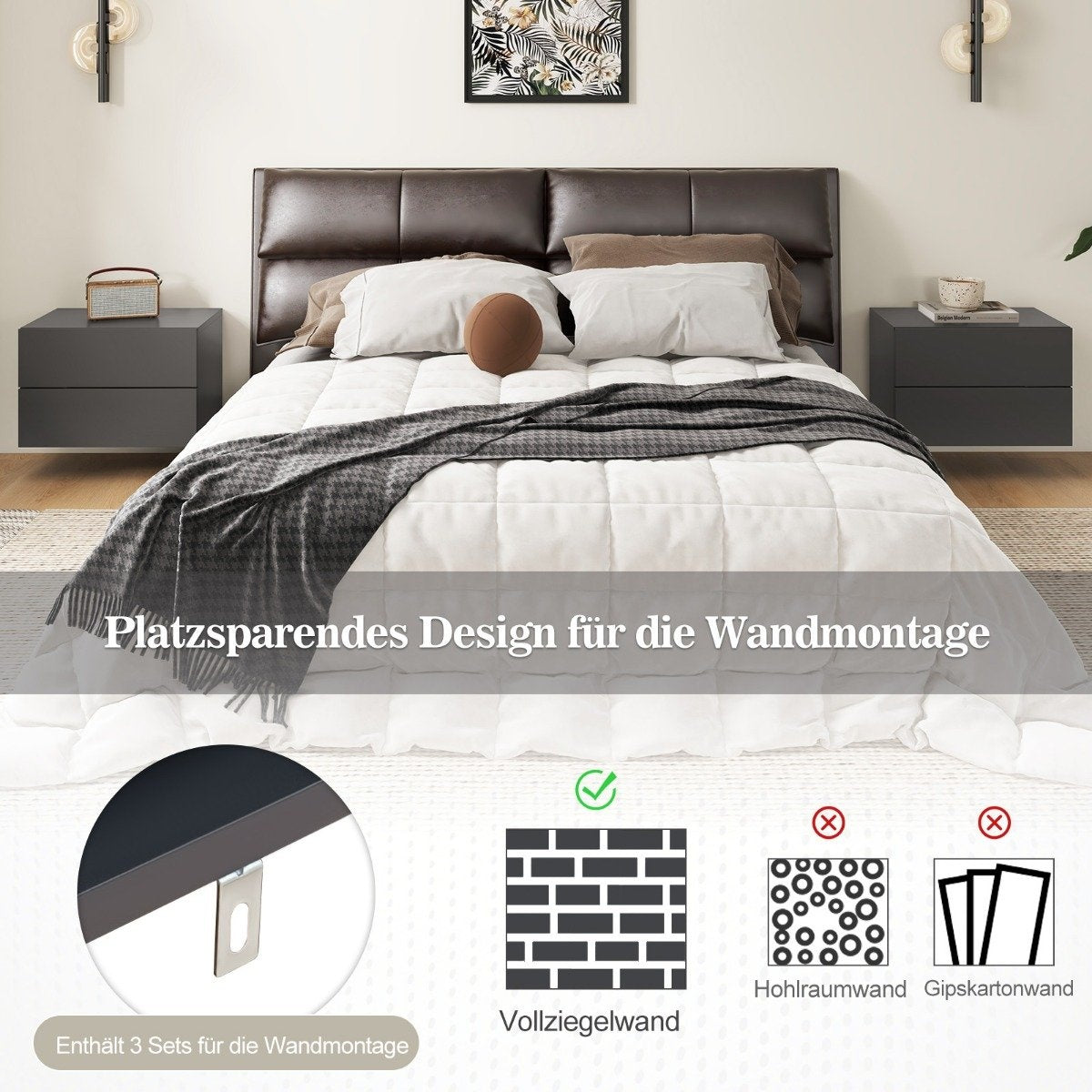 Bedside table hanging wall shelf with 2 drawers side table wall mounted 42 x 30 x 28 cm grey