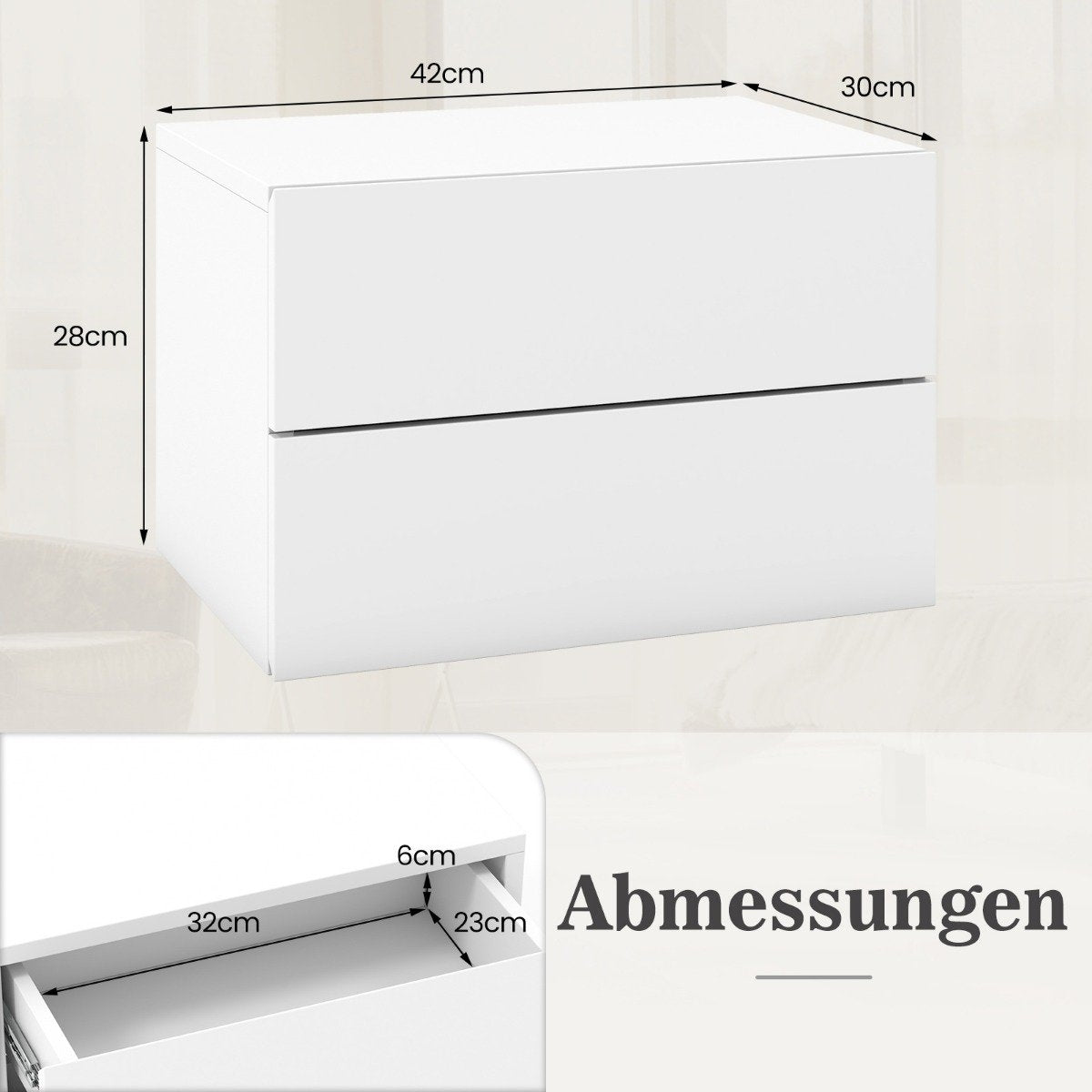 Bedside table hanging wall shelf with 2 drawers side table wall mounted 42 x 30 x 28 cm white