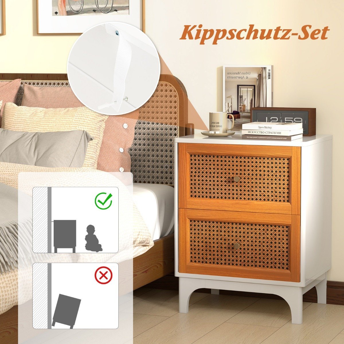 Bedside table rattan bedside cabinet with 2 drawers side table with solid wood legs 46 x 33 x 59.5 cm white + brown