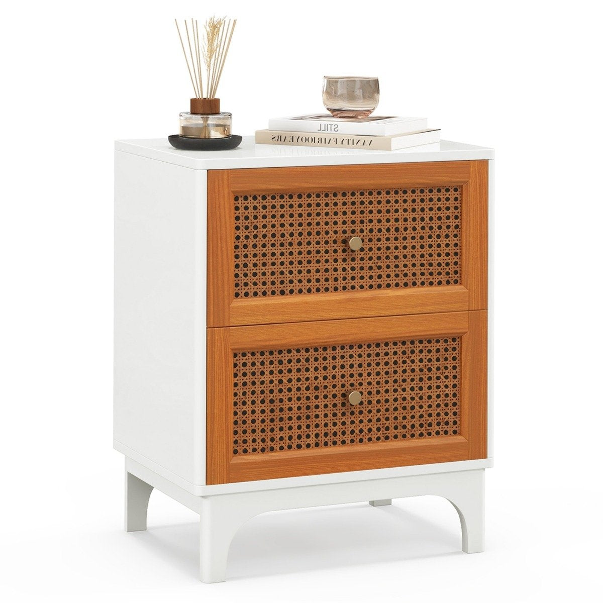 Bedside table rattan bedside cabinet with 2 drawers side table with solid wood legs 46 x 33 x 59.5 cm white + brown
